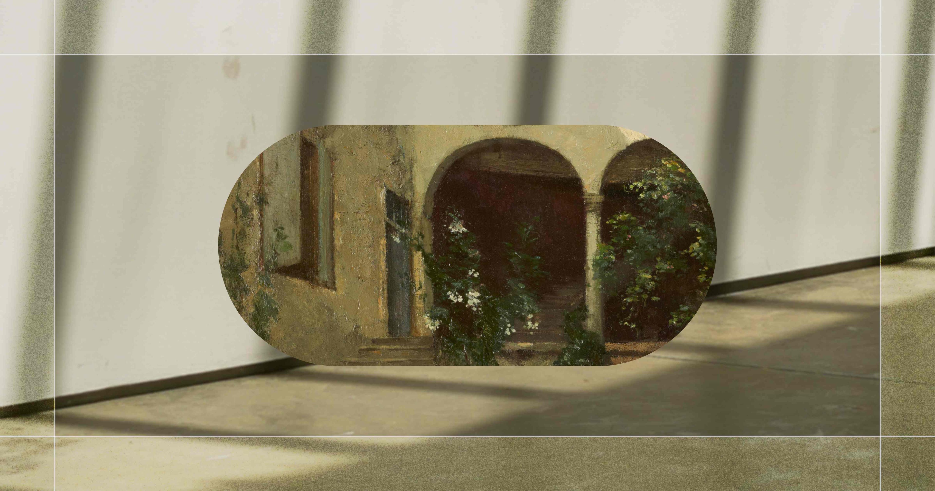 An arched entrance with greenery, overlaid on a shadowed wall and floor.