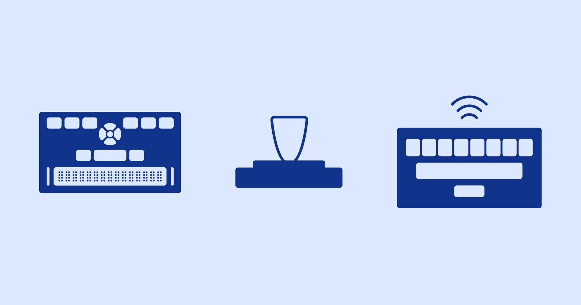 Icons of a braille keyboard, a joystick, and a wireless keyboard under the title "Assistive Technology" on a gradient blue background.