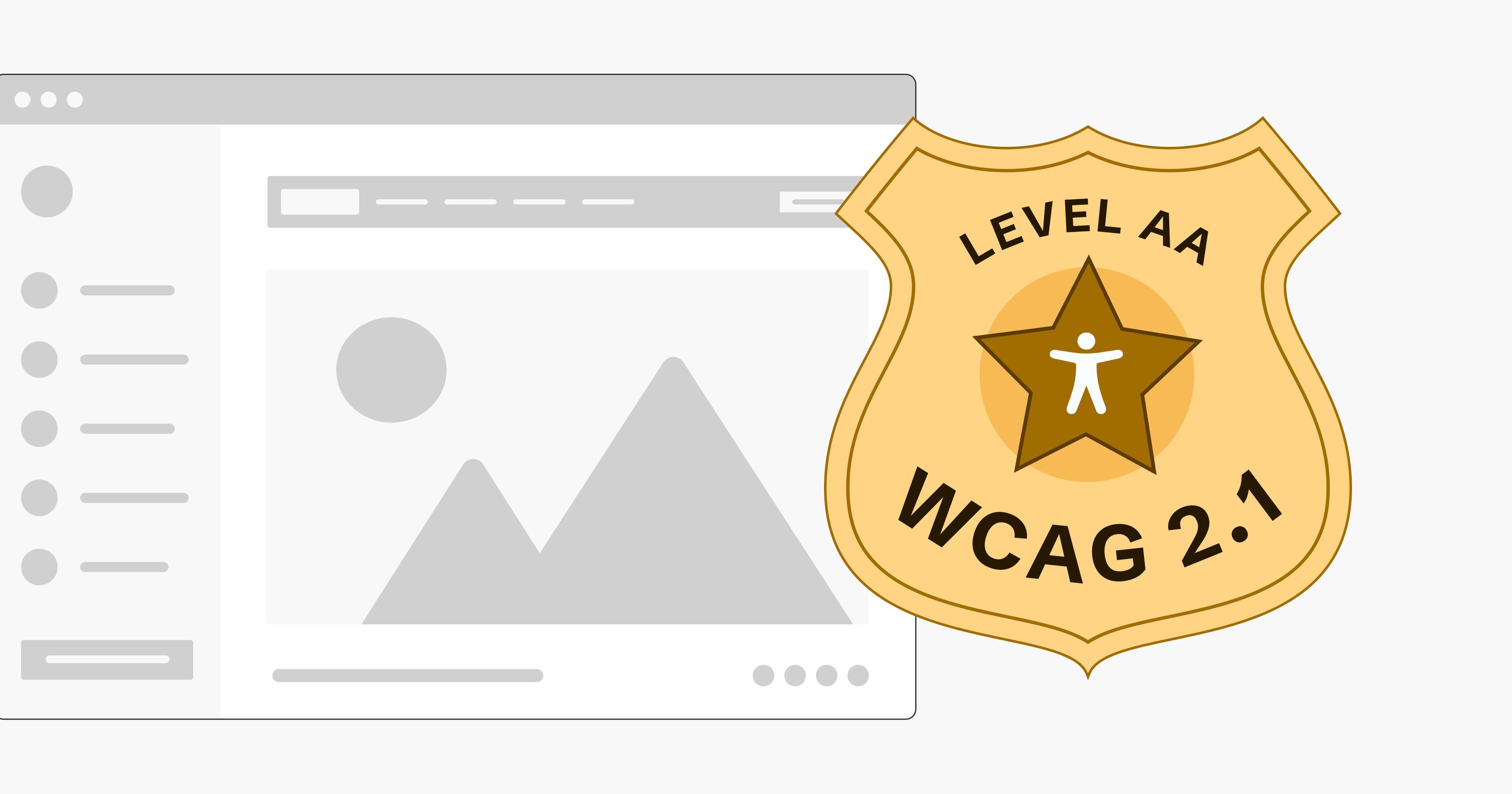 Stylized web browser with a yellow shield reading 'Level AA: WCAG 2.1' next to it.