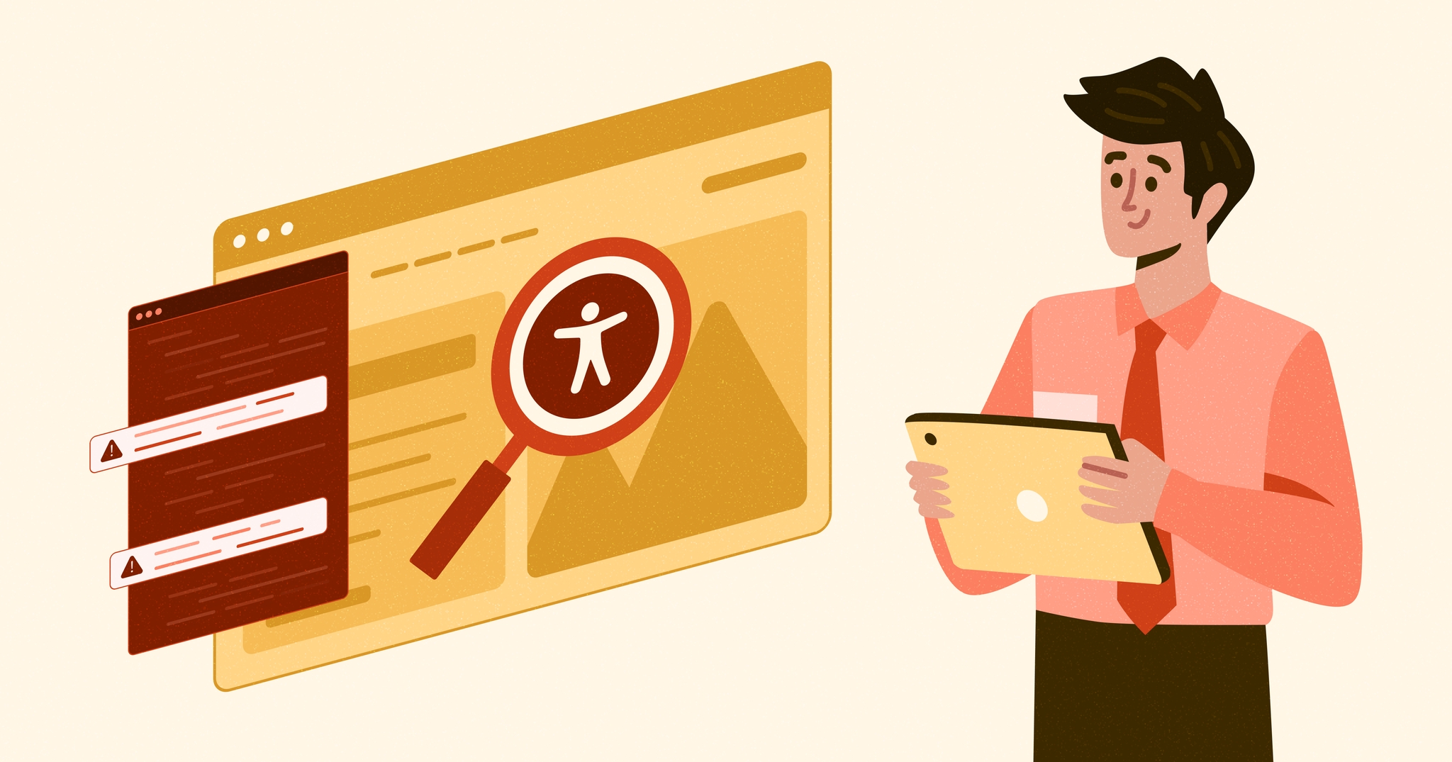 Man in a red shirt and tie holding a tablet next to a stylized web browser with a magnifying glass over the accessibility symbol.