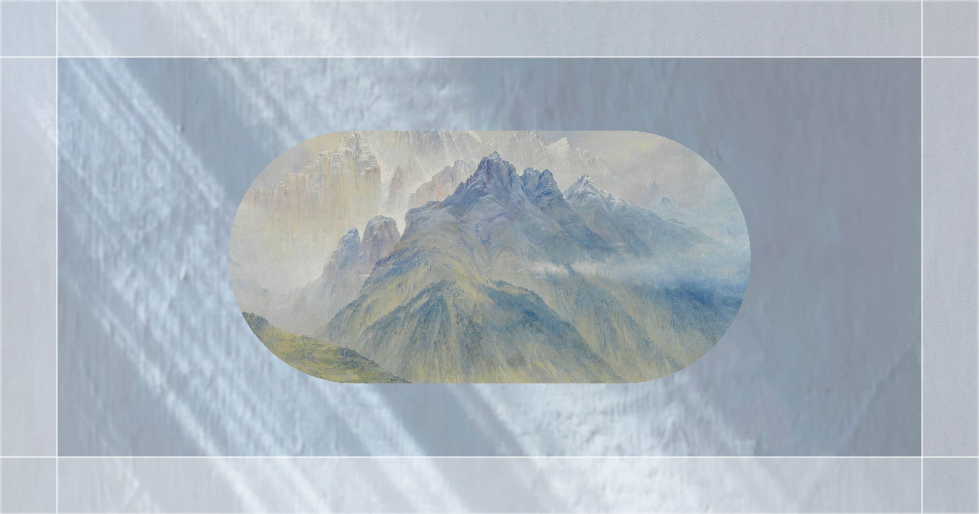 A soft-focus painting of misty mountains in an oval shape, set against a textured gray background with light hues and lines.