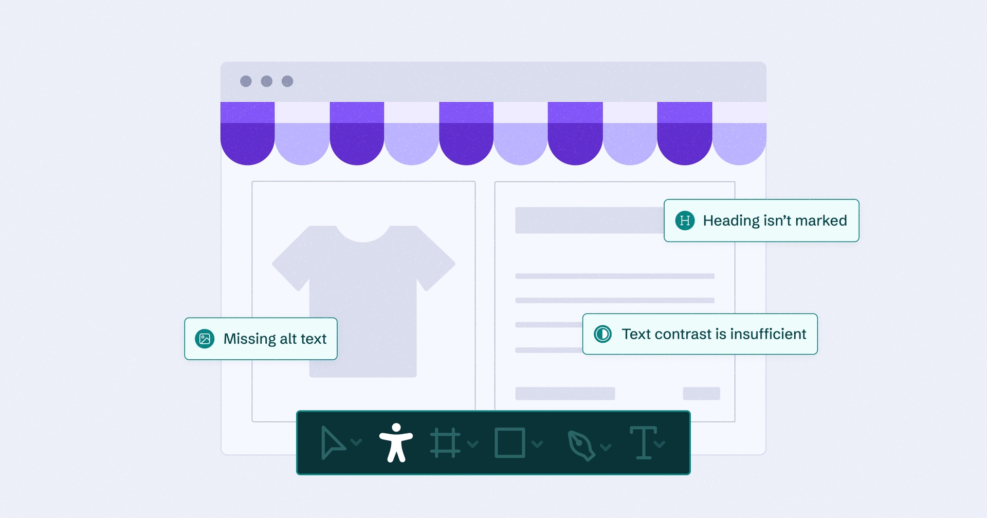 Stylized e-commerce browser with various pop-ups highlighting accessibility errors.
