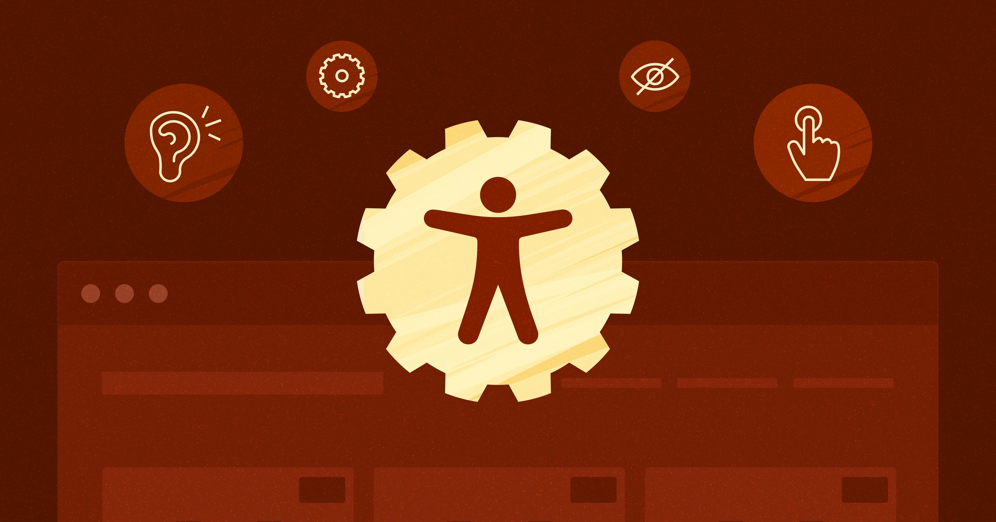 Gear shaft with the accessibility symbol in the middle over a stylized web browser. Various icons surround the gear shift.