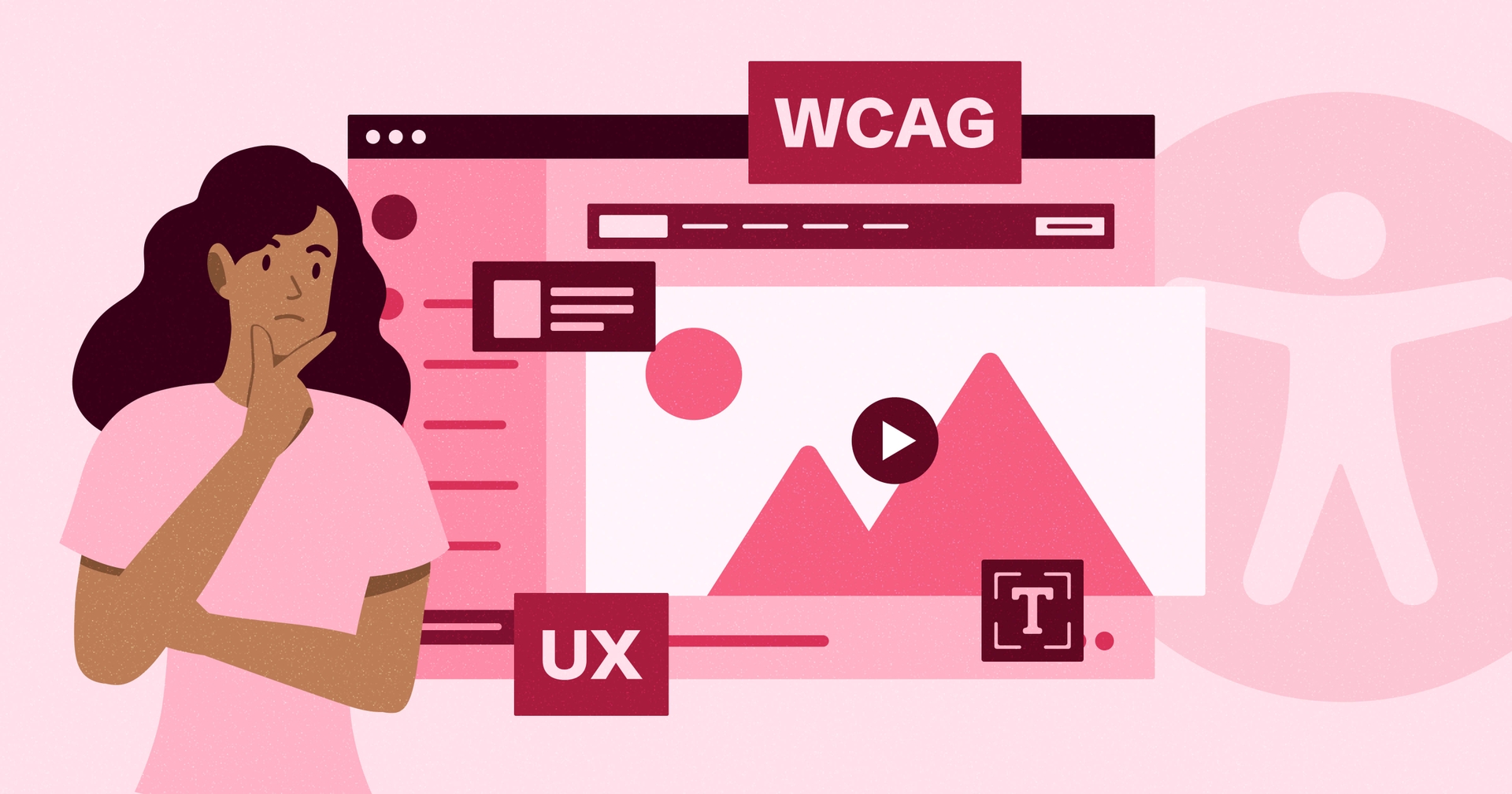 Illustration of a person thinking beside a web interface with WCAG, UX labels, and accessibility icons on a red background.