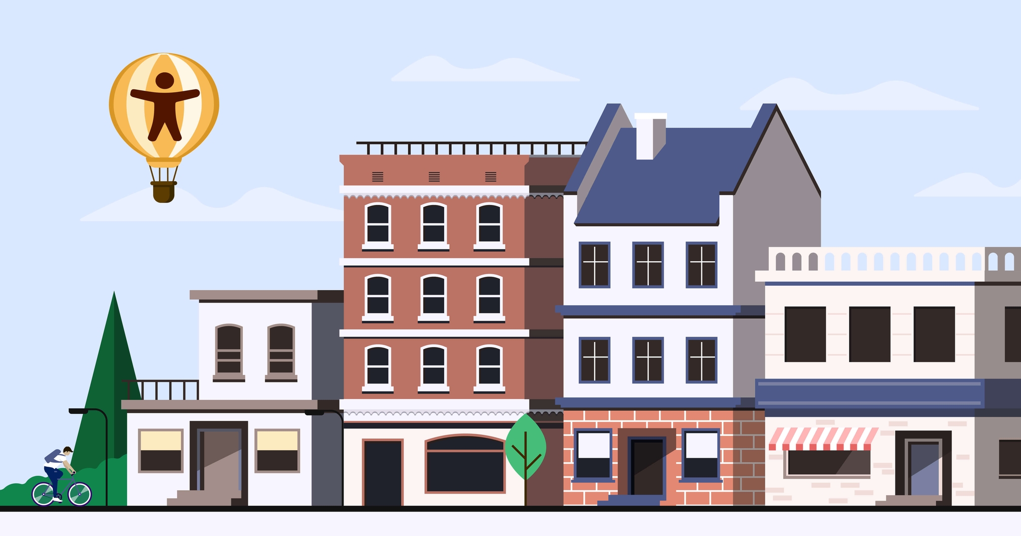 Cityscape with diverse buildings with a cyclist riding by. A hot air balloon with the accessibility symbol is above the buildings.