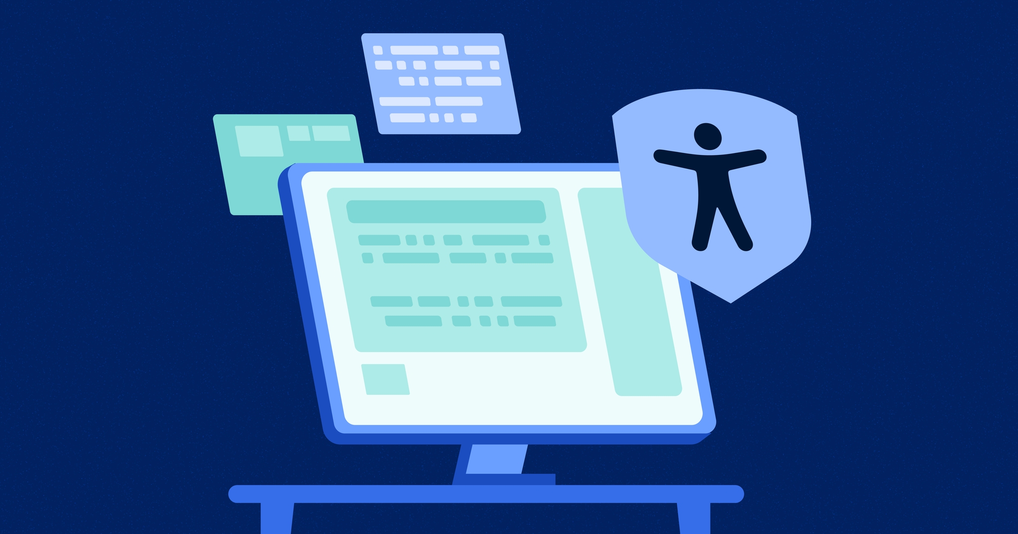 Stylized web browser on a large computer screen sitting on a table; the accessibility symbol is on a shield above the computer.