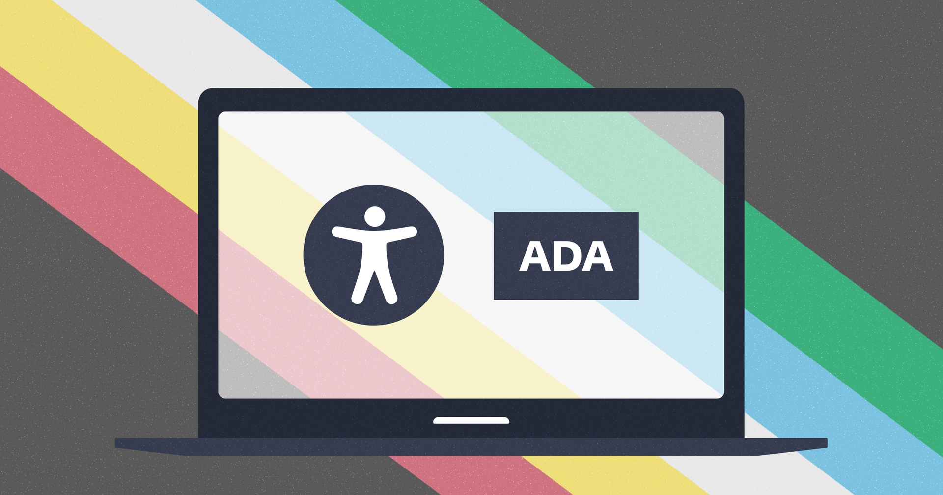 Laptop screen displaying an accessibility icon next to the word "ADA" with colorful diagonal stripes in the background.
