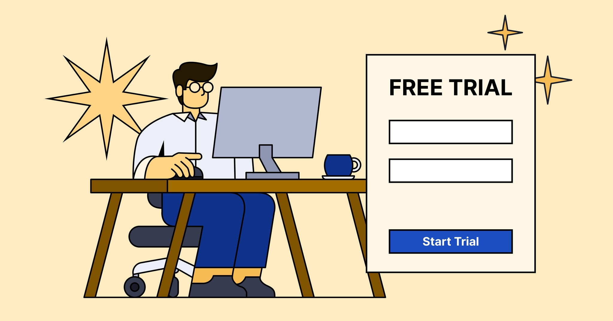 Illustration of a man on a computer signing up for a free trial.