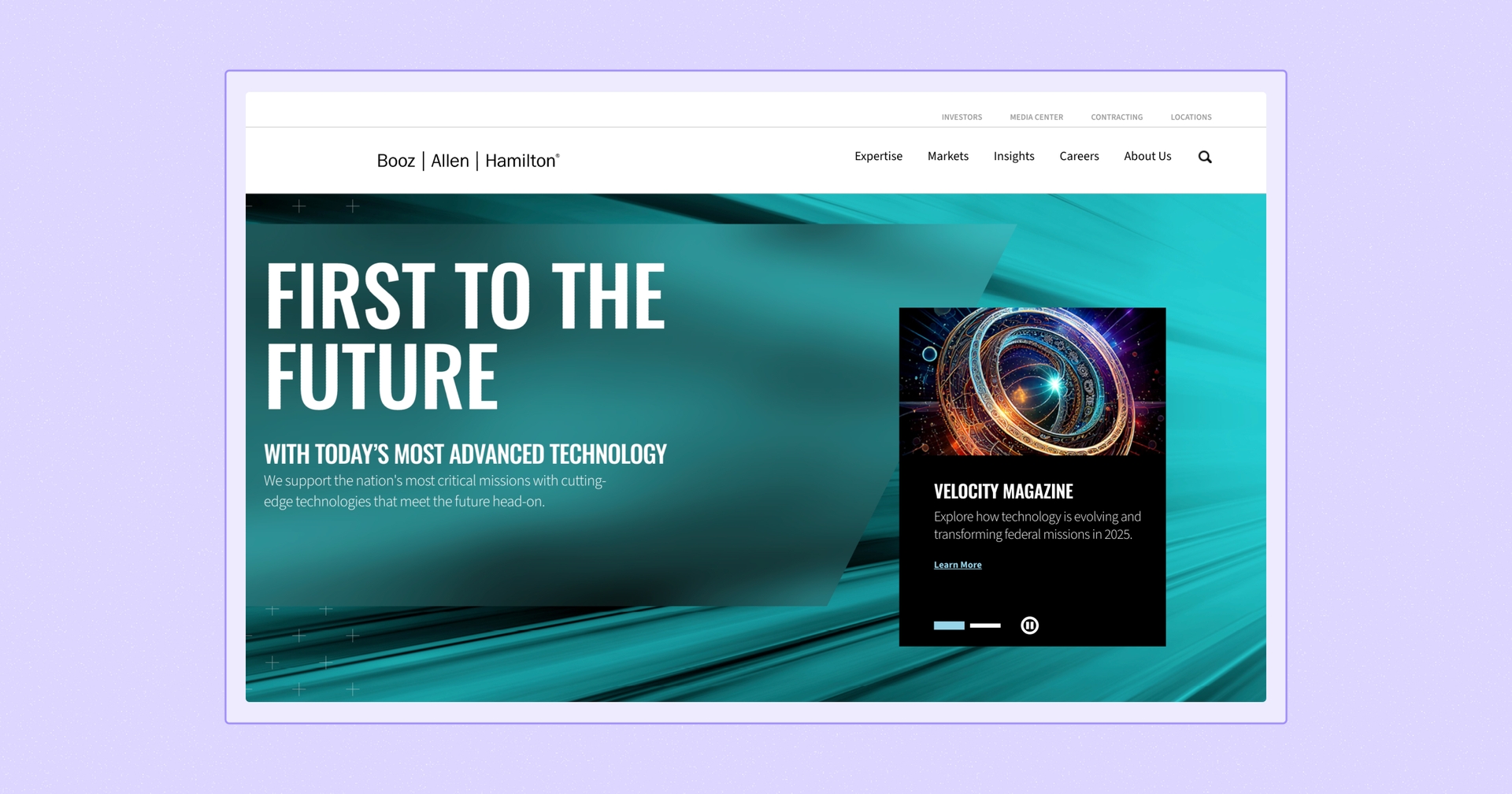 Screenshot of the Booz | Allen | Hamilton homepage. Header reads 'First to the Future.'
