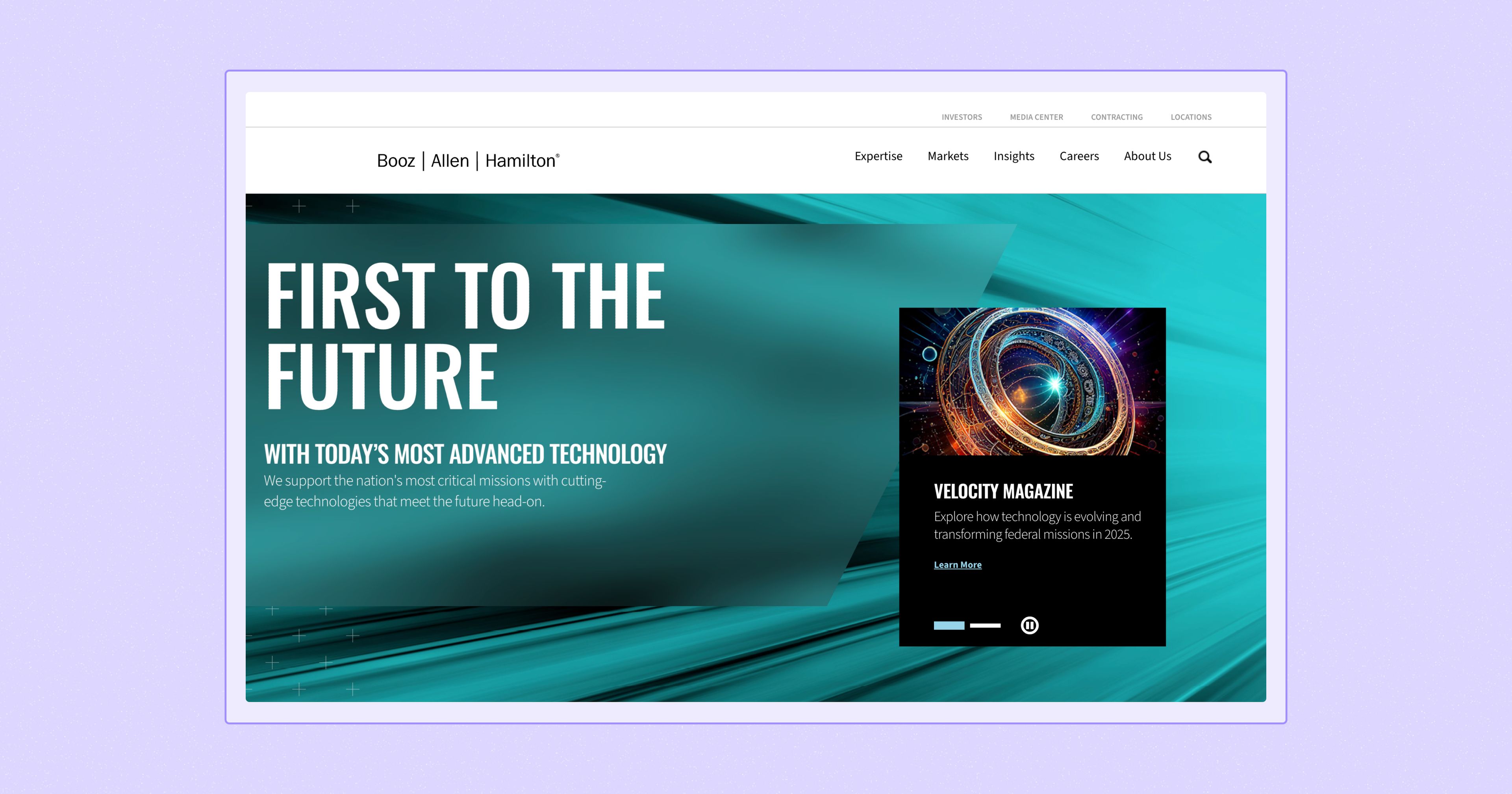 Screenshot of the Booz | Allen | Hamilton homepage. Header reads 'First to the Future.'