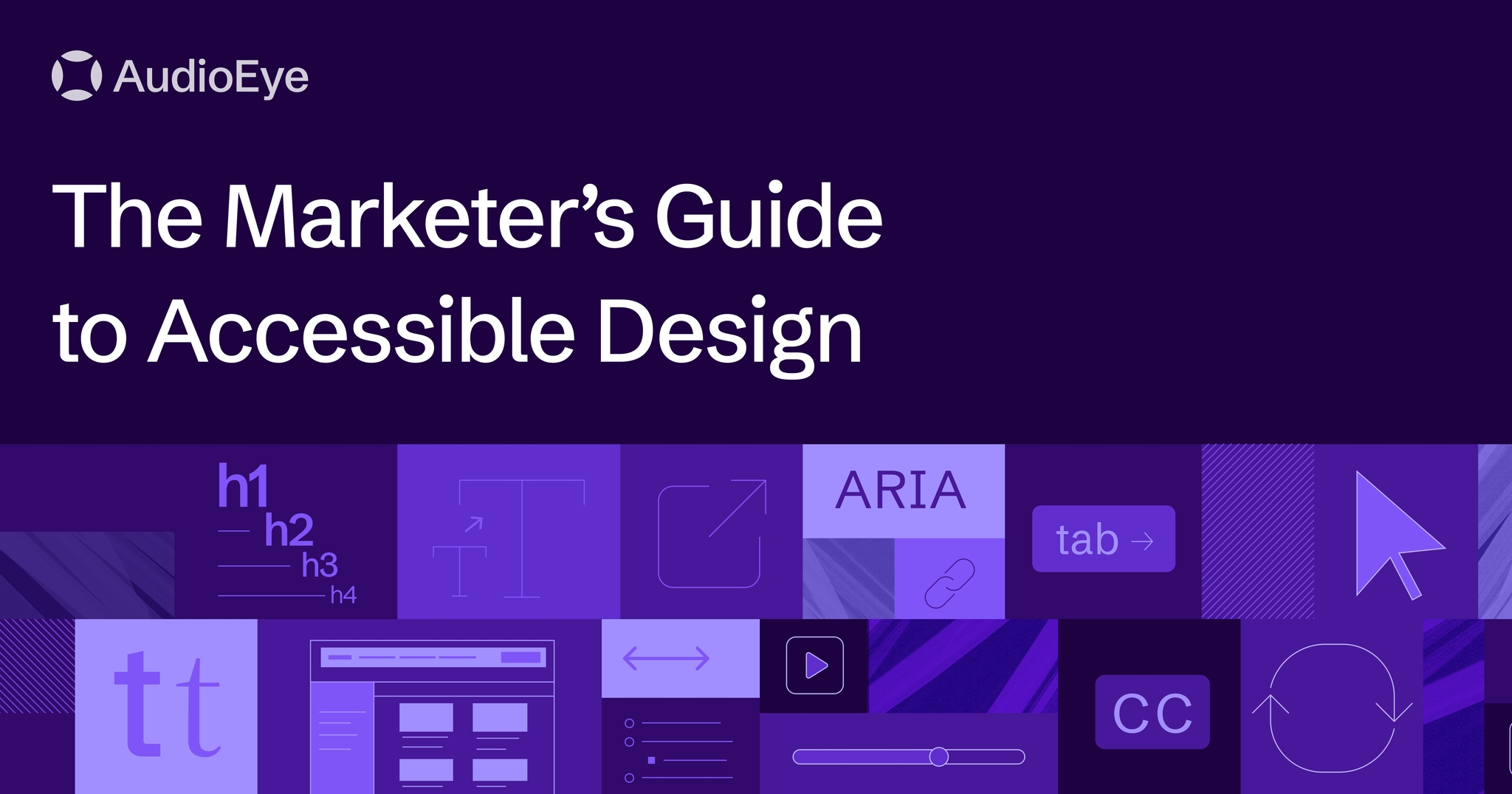 AudioEye Guide titled "The Marketer's Guide to Accessible Design" with icons for text, tabs, ARIA, and accessibility features.