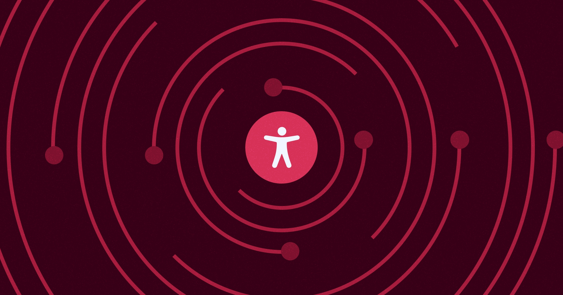 Stylized human figure in a circle, surrounded by concentric arcs and dots on a dark red background, suggesting connectivity or accessibility.