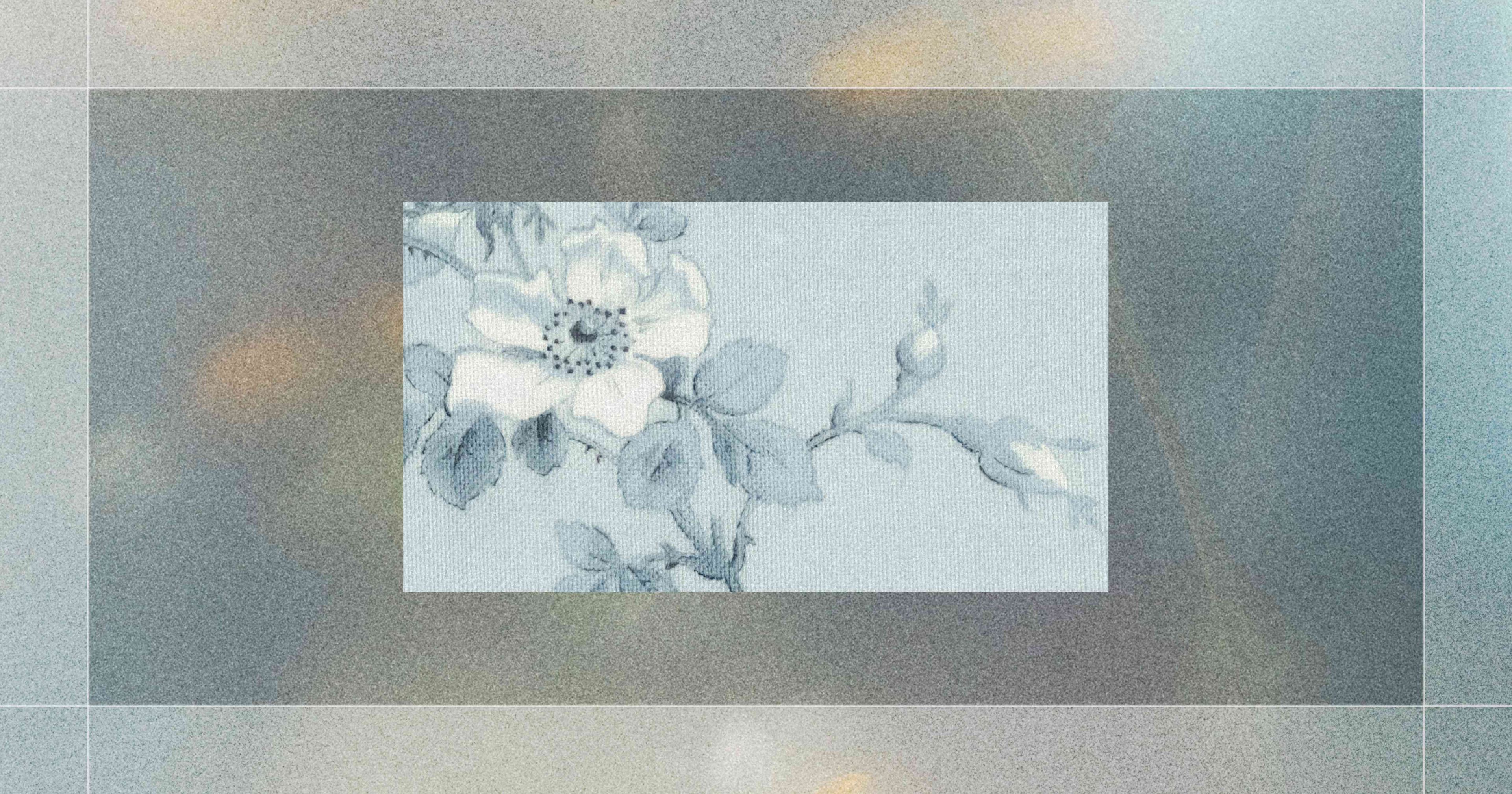 A monochrome illustration of a blooming flower with leaves on a textured background.