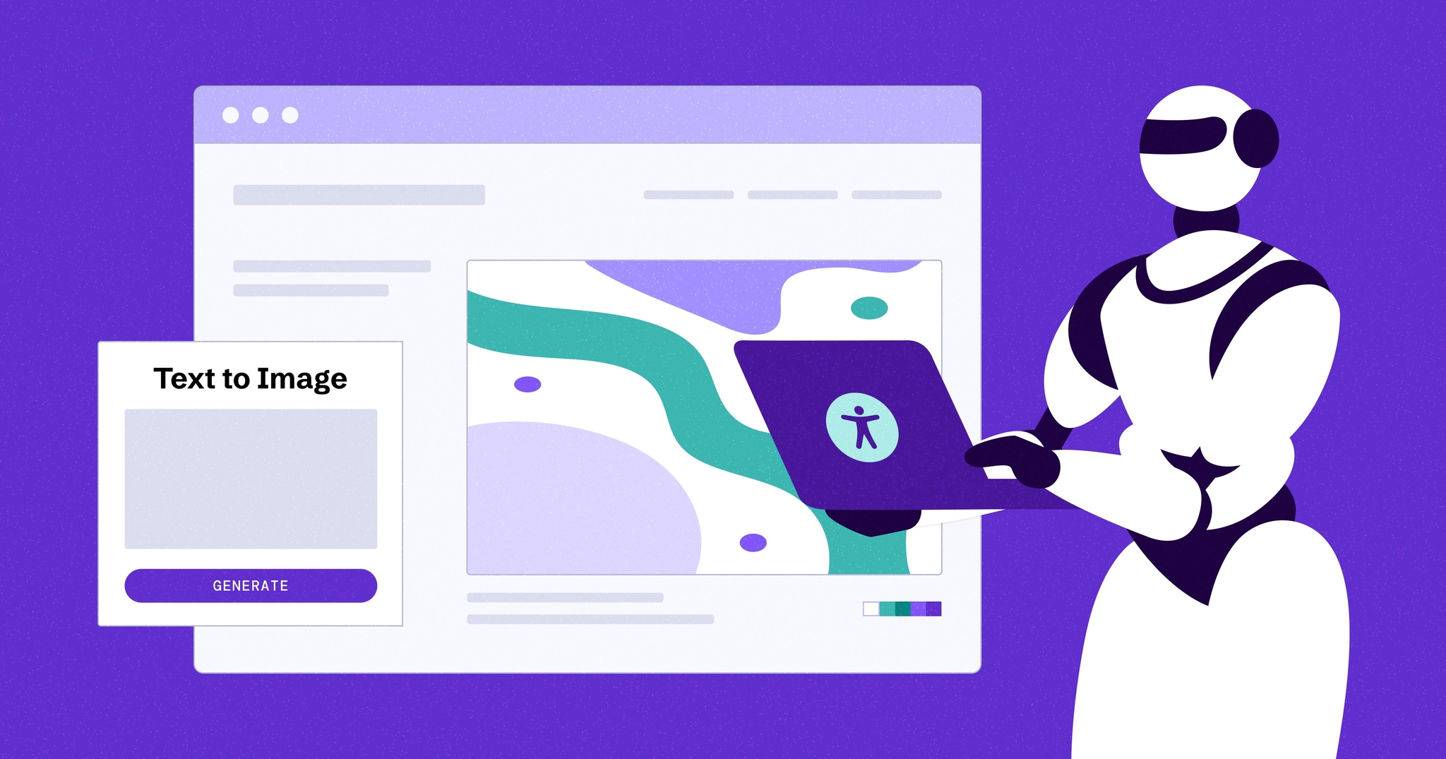 Robot holding a laptop with the accessibility symbol on it and standing next to a stylized web browser. The browser has a pop-up window that reads: 'Text to Image" and a button labeled: 'Generate'.