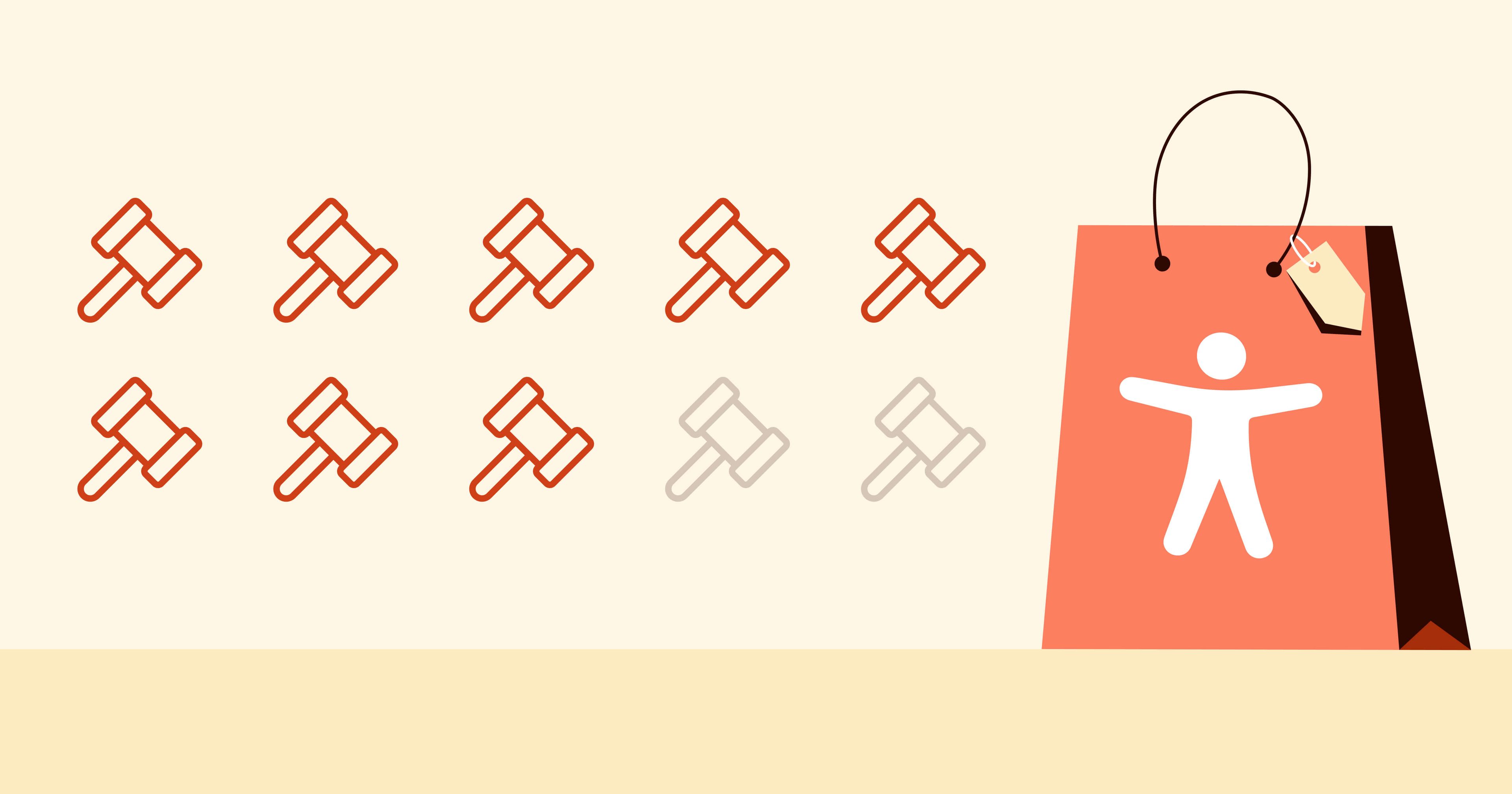 Shopping bag with the accessibility symbol next to a series of gavels, some of which are highlighted.