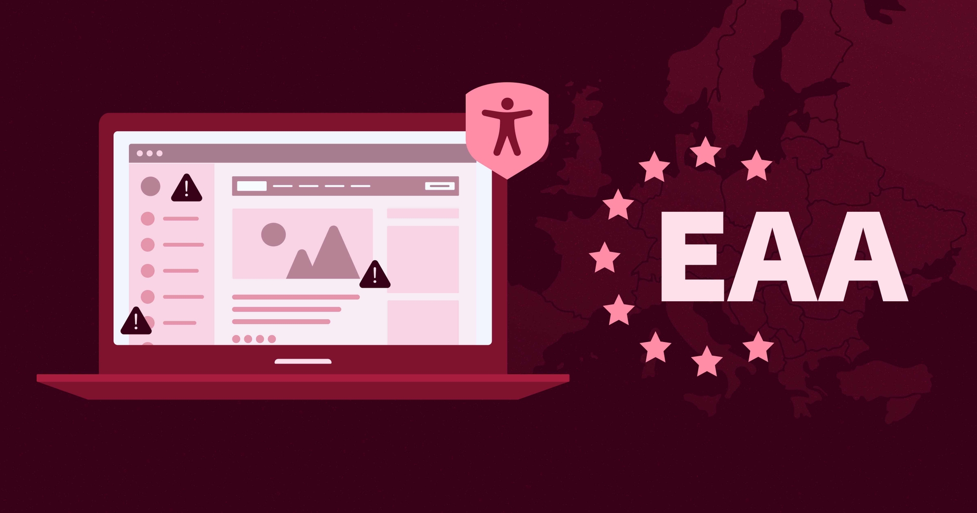 Aufgeklappter Laptop mit einem stilisierten Webbrowser neben Text, der 'EAA' liest. Ein Schild mit dem Barrierefreiheitssymbol befindet sich in der oberen rechten Ecke des Laptops.