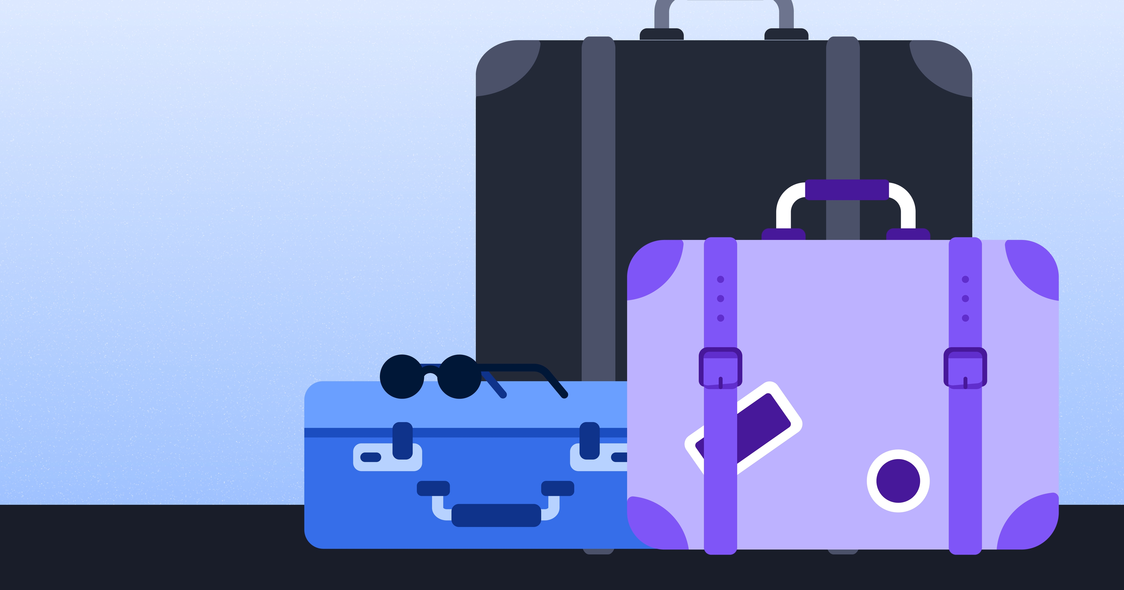 Illustration of three suitcases in different sizes and colors, with sunglasses resting on the smallest one.