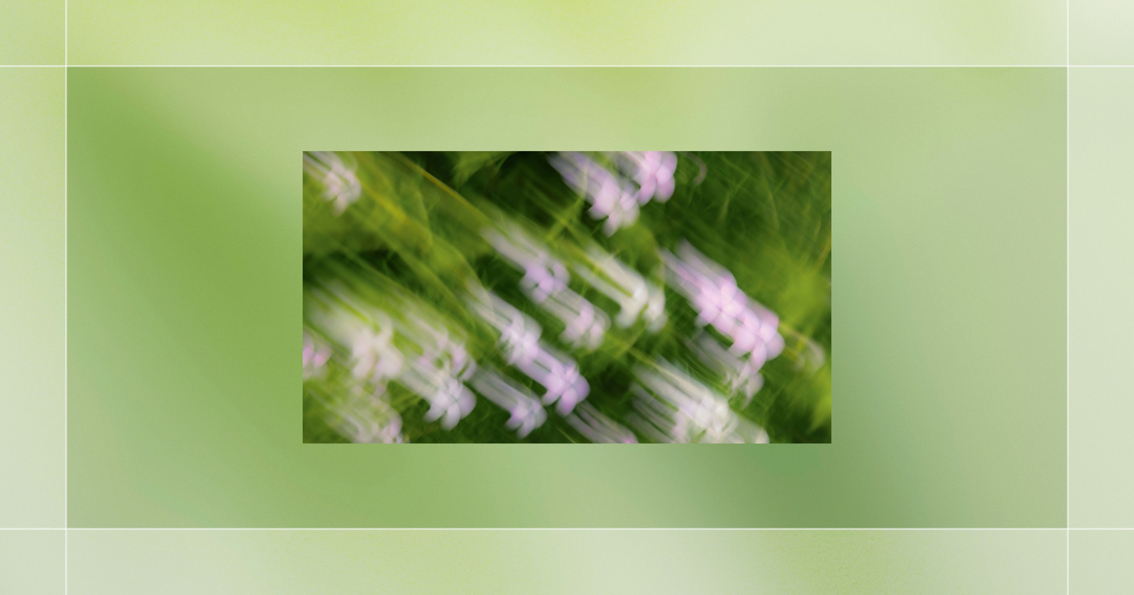 Blurred white and pink flowers with green foliage in motion, surrounded by a gradient pale green border.