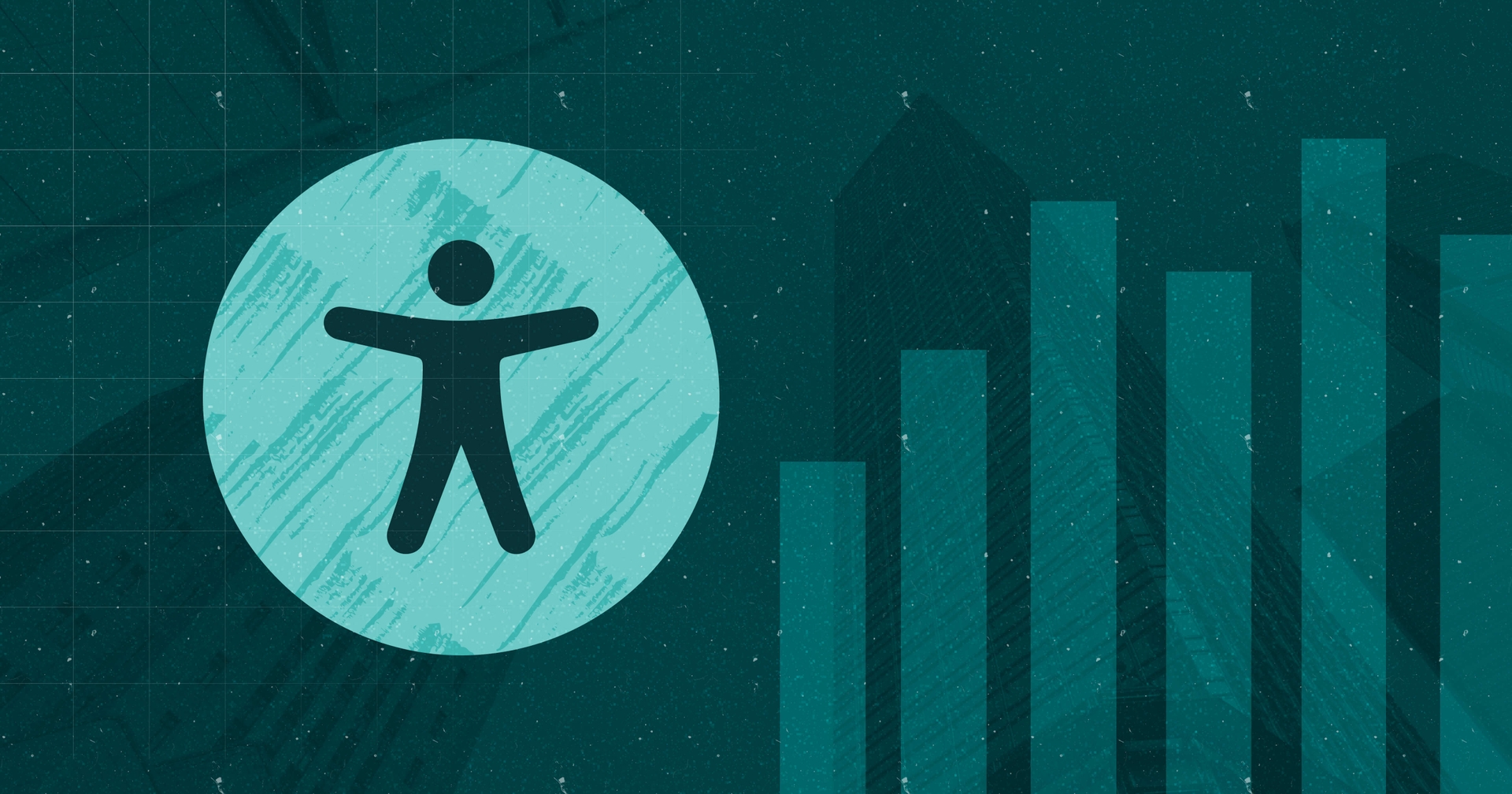 A bar chart going up next to an accessibility symbol, laid on top of a faint background of skyscrapers