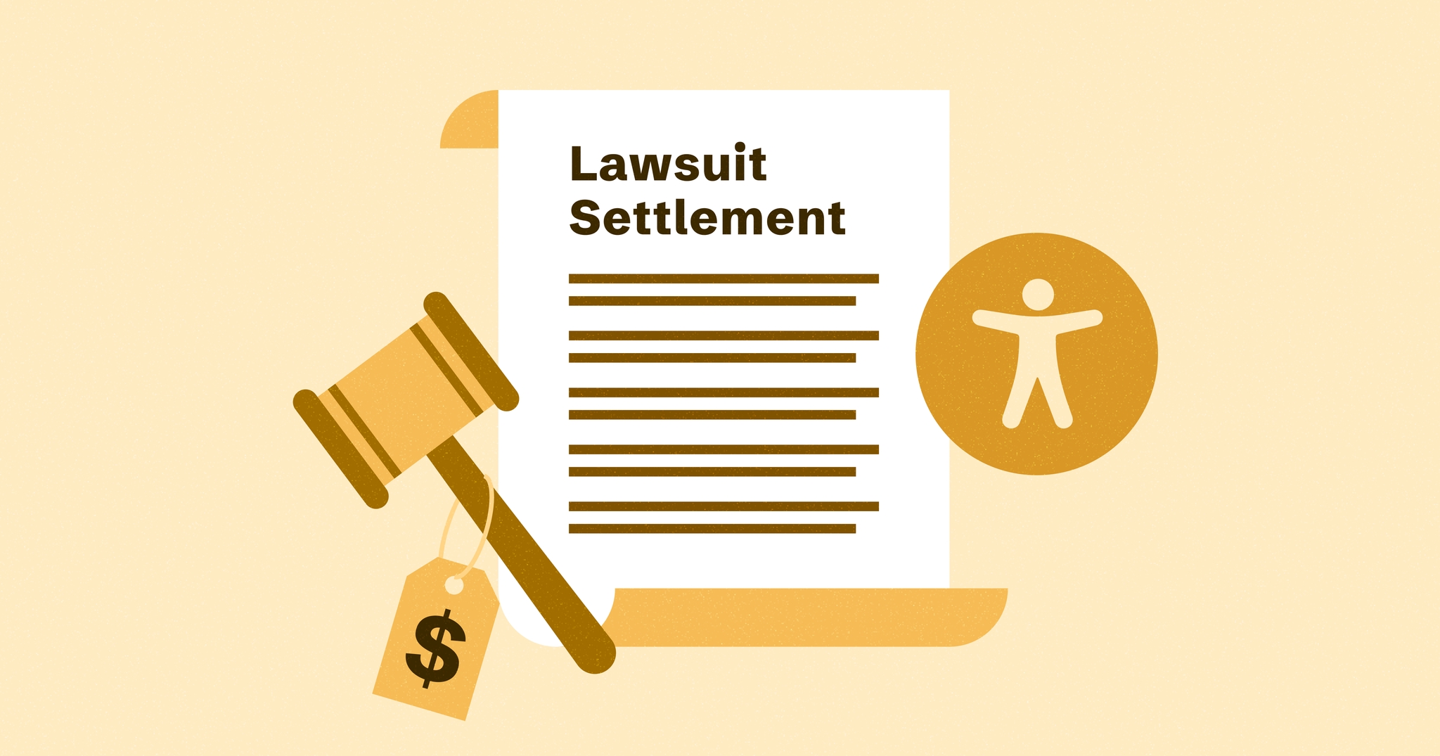 Document reading 'Lawsuit Settlement' with the accessibility symbol on the right-hand side and a raised gavel with a price tag attached on the left-hand side.