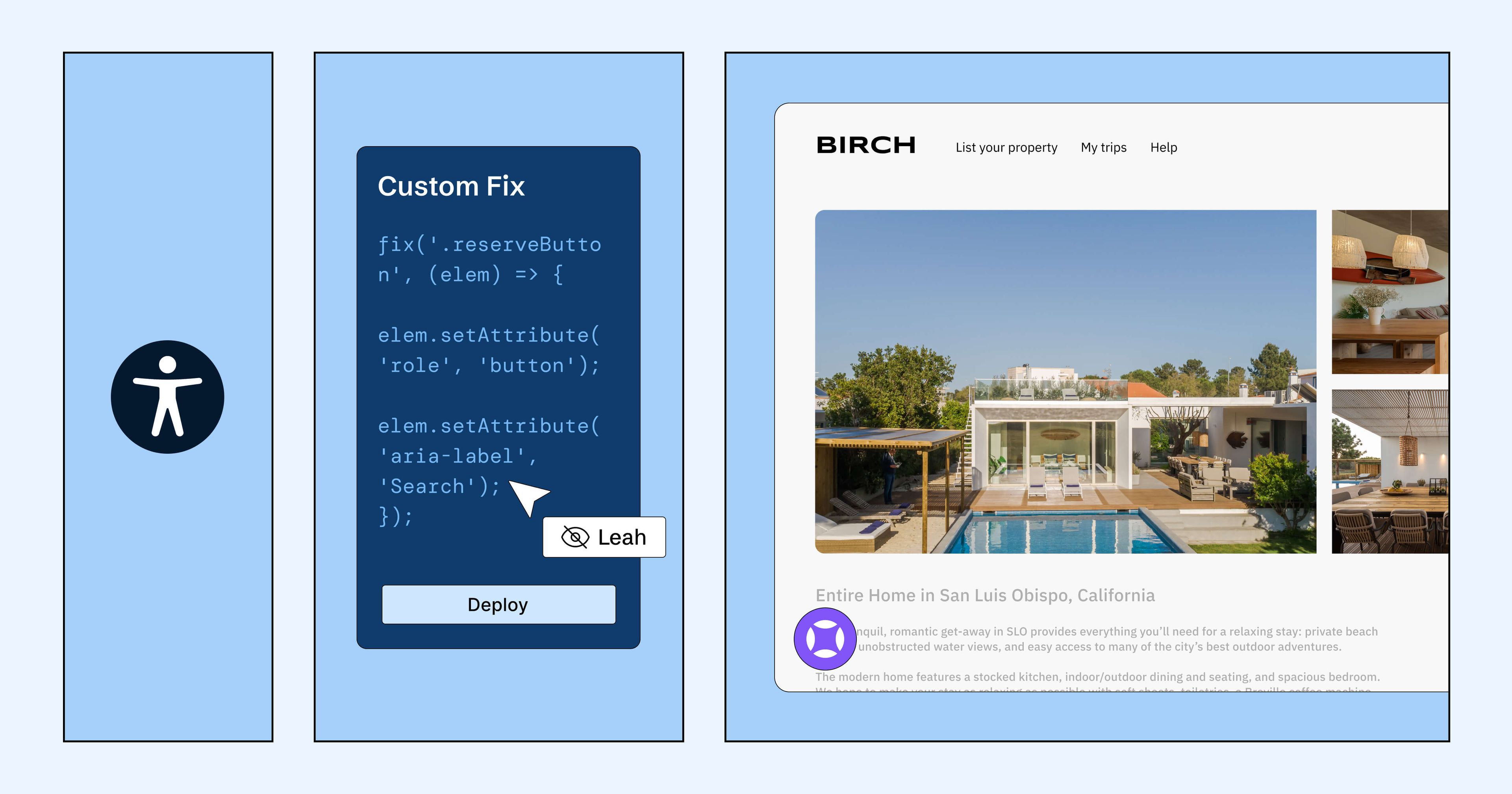 A UI with an accessibility feature code snippet and a vacation rental listing showing a modern home, pool, and outdoor patio.