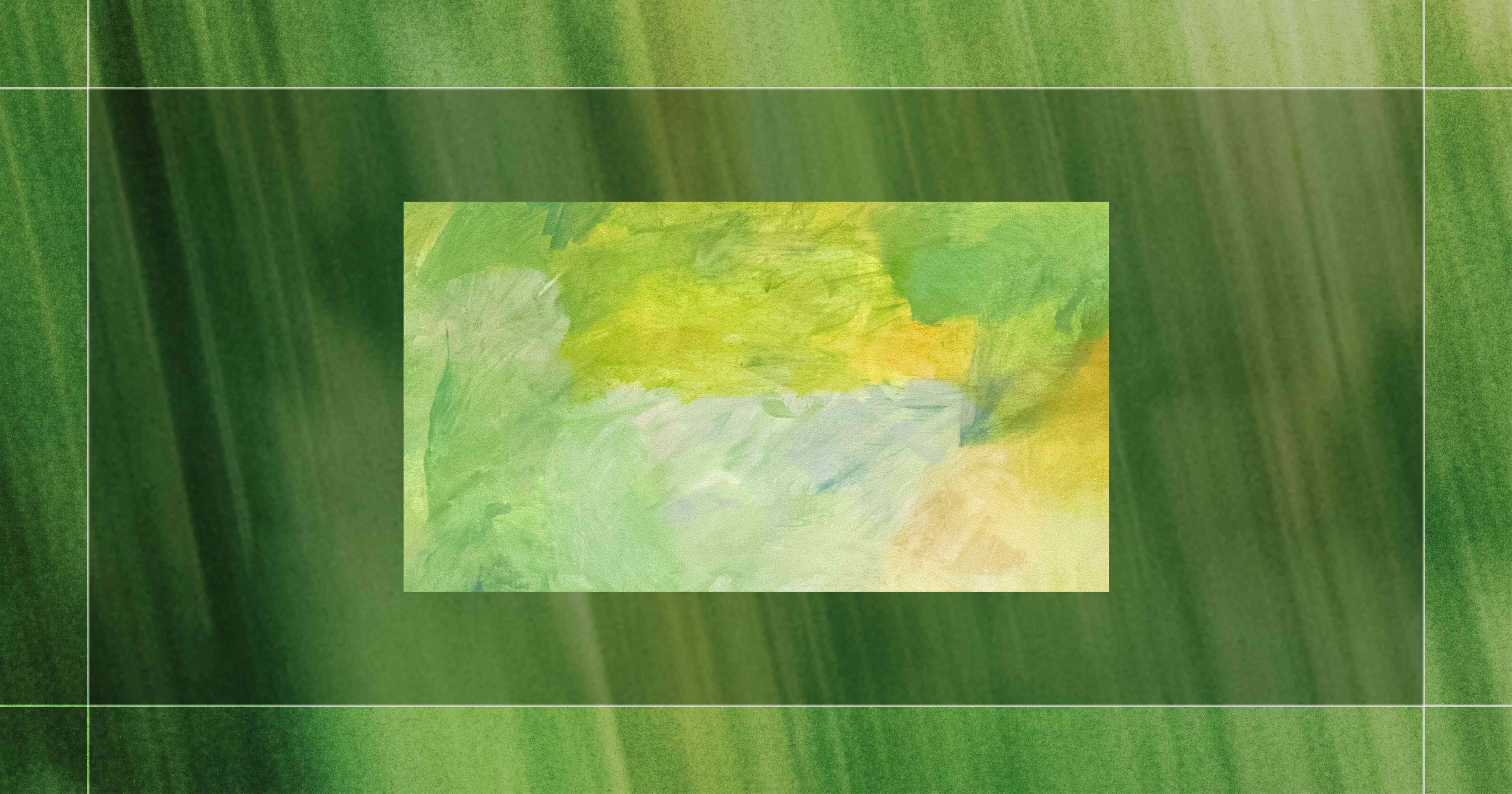 Abstract painting with soft green, yellow, and blue shades, framed by a textured green background with vertical lines.