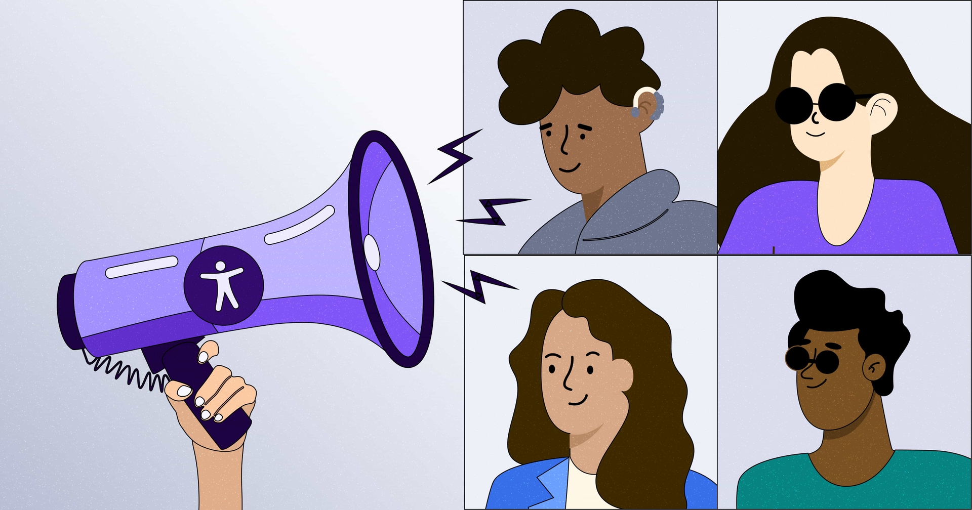 A megaphone blaring over four headshots of different individuals