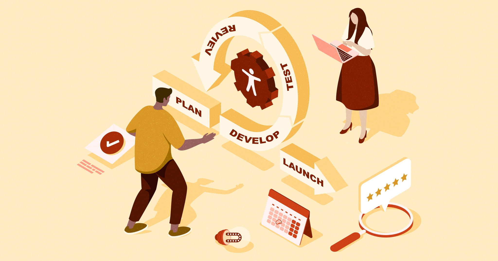 An agile workflow with the accessibility symbol in the middle surrounded by various development icons. A woman with a laptop is standing behind it and a man pointing to it is in the front.