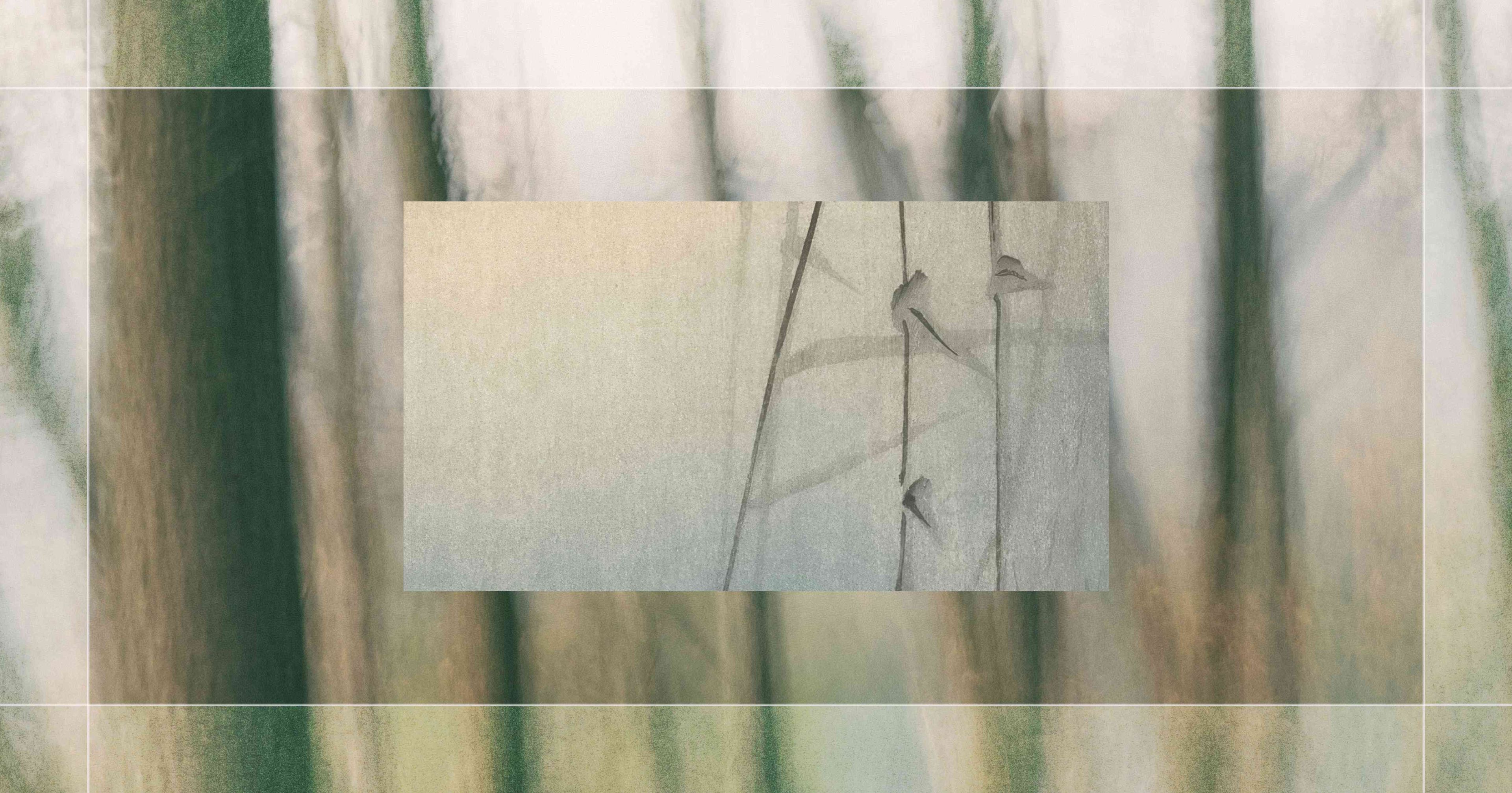 Abstract pattern with vertical green and beige blurred lines, featuring a smaller rectangle with a subtle sketch of three birds on branches.