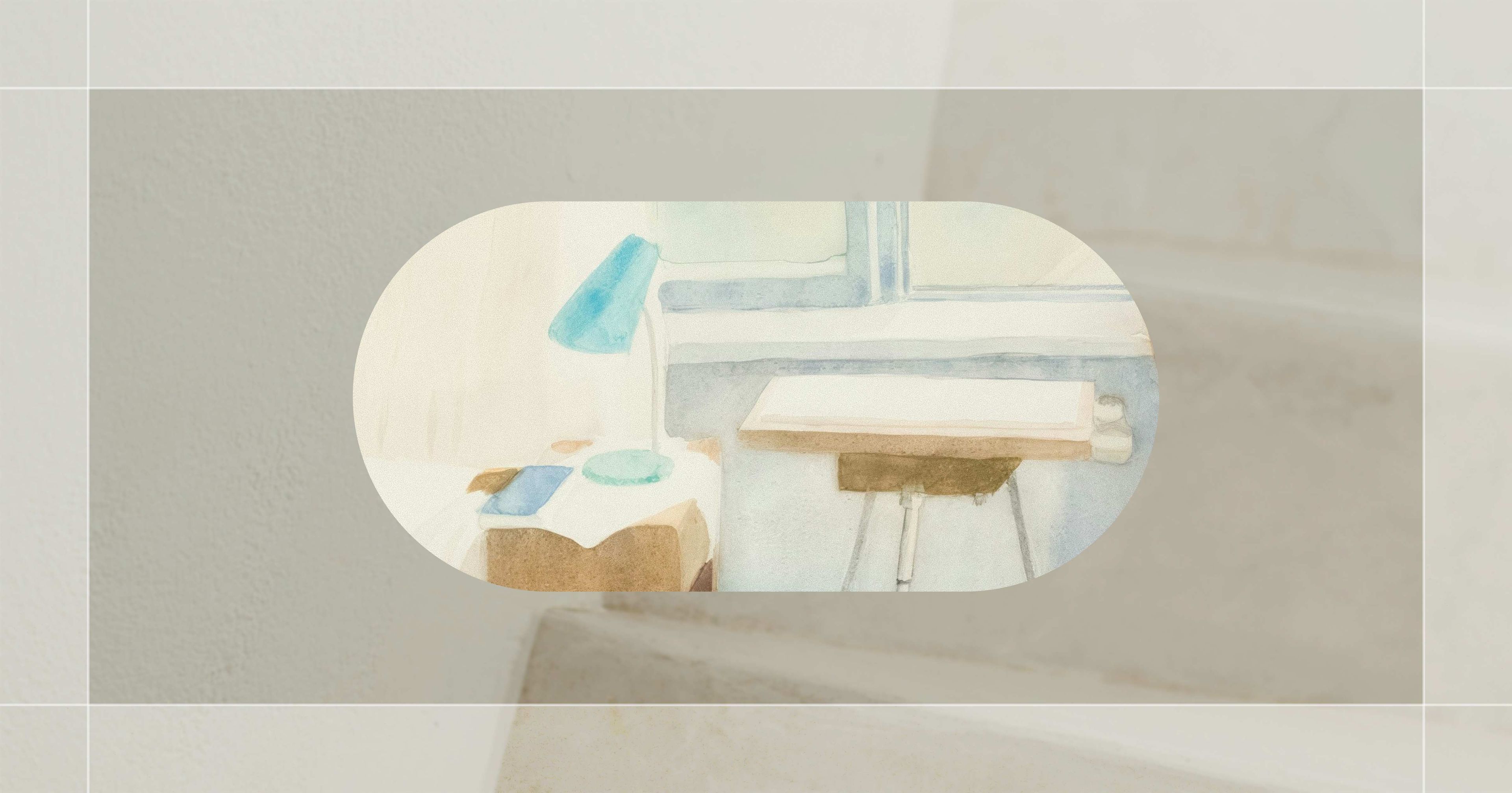 Watercolor painting of a desk with a blue lamp and books near a window, framed within an oval on a light background.