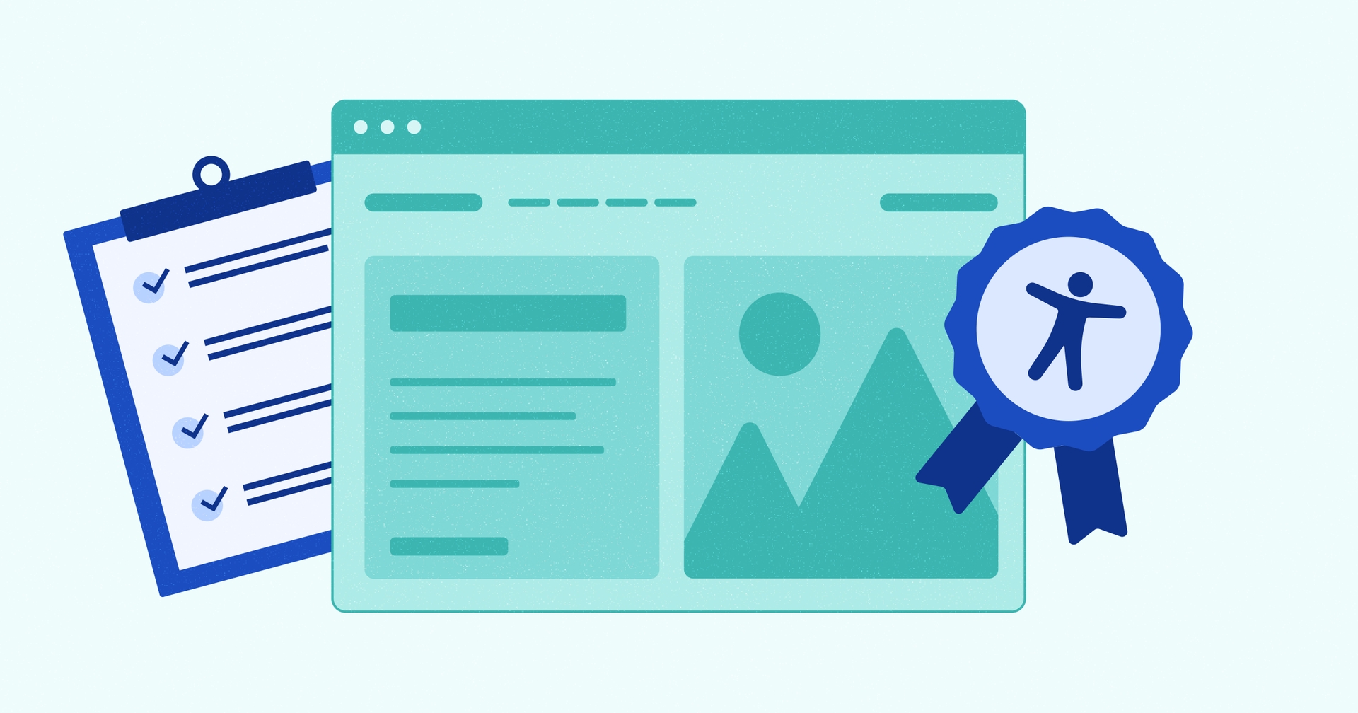 Stylized web browser with a checklist on the left and a ribbon with the accessibility symbol on the right.