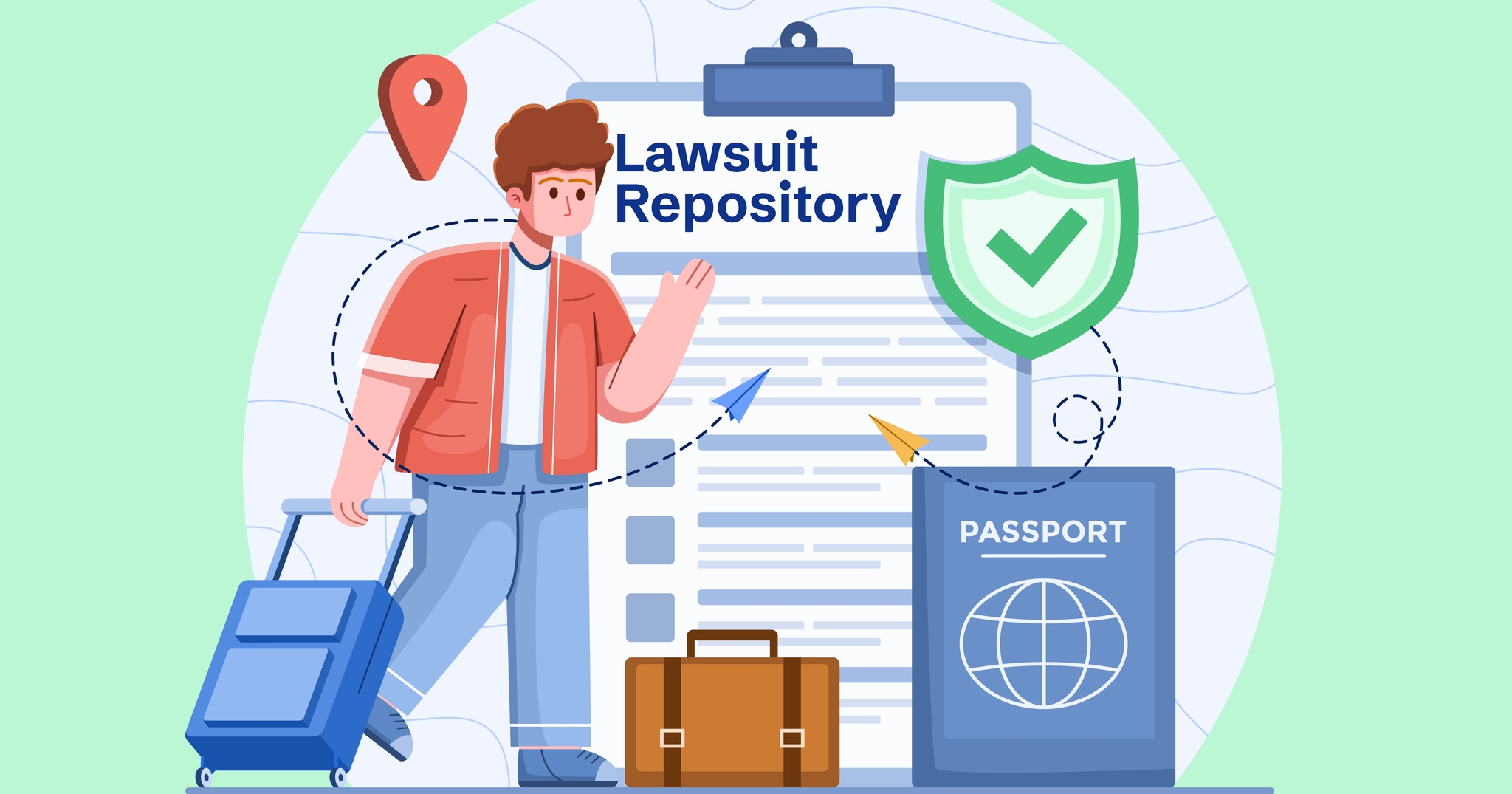 Illustration of a person with luggage near a clipboard labeled "Lawsuit Repository," a shield with a checkmark, and a passport.