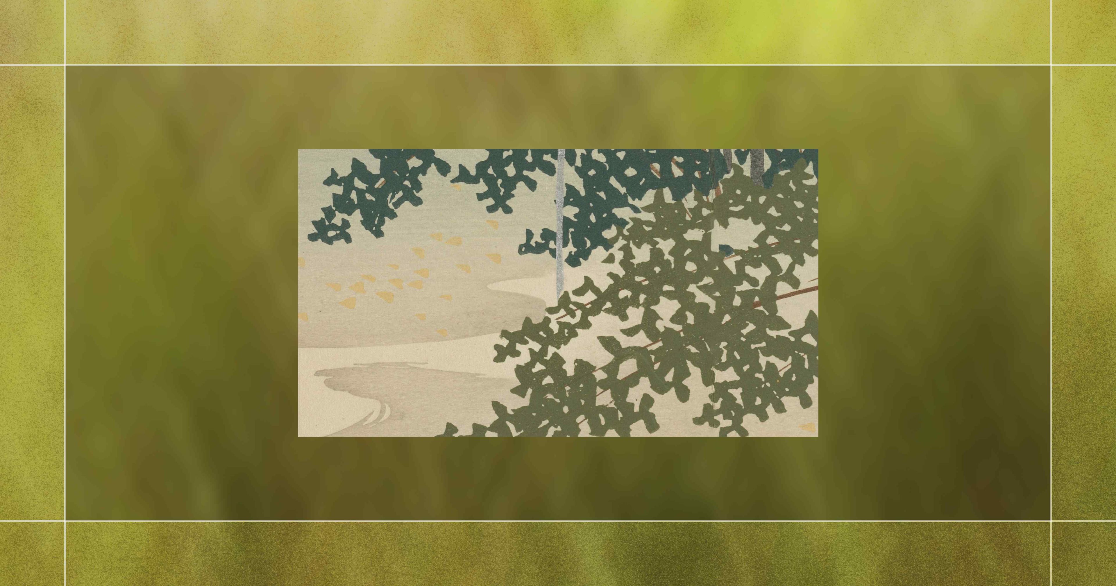 Abstract green and yellow foliage with scattered shadows on a neutral background, set against a blurry, earthy-toned frame.