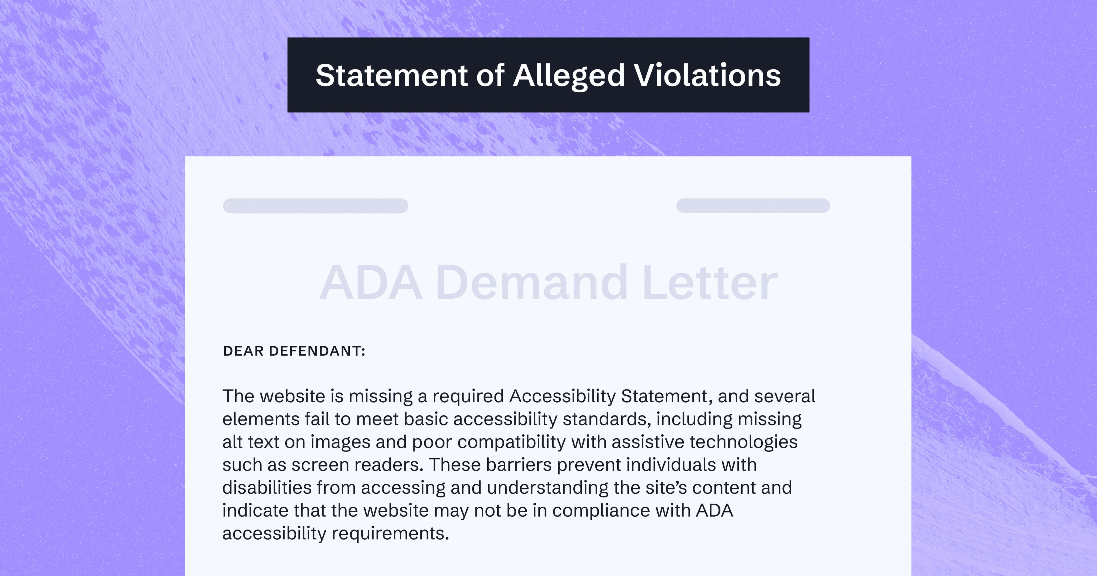 Text reading: 'Statement of Alleged Violations' with a letter spelling out fictional accessibility violations.
