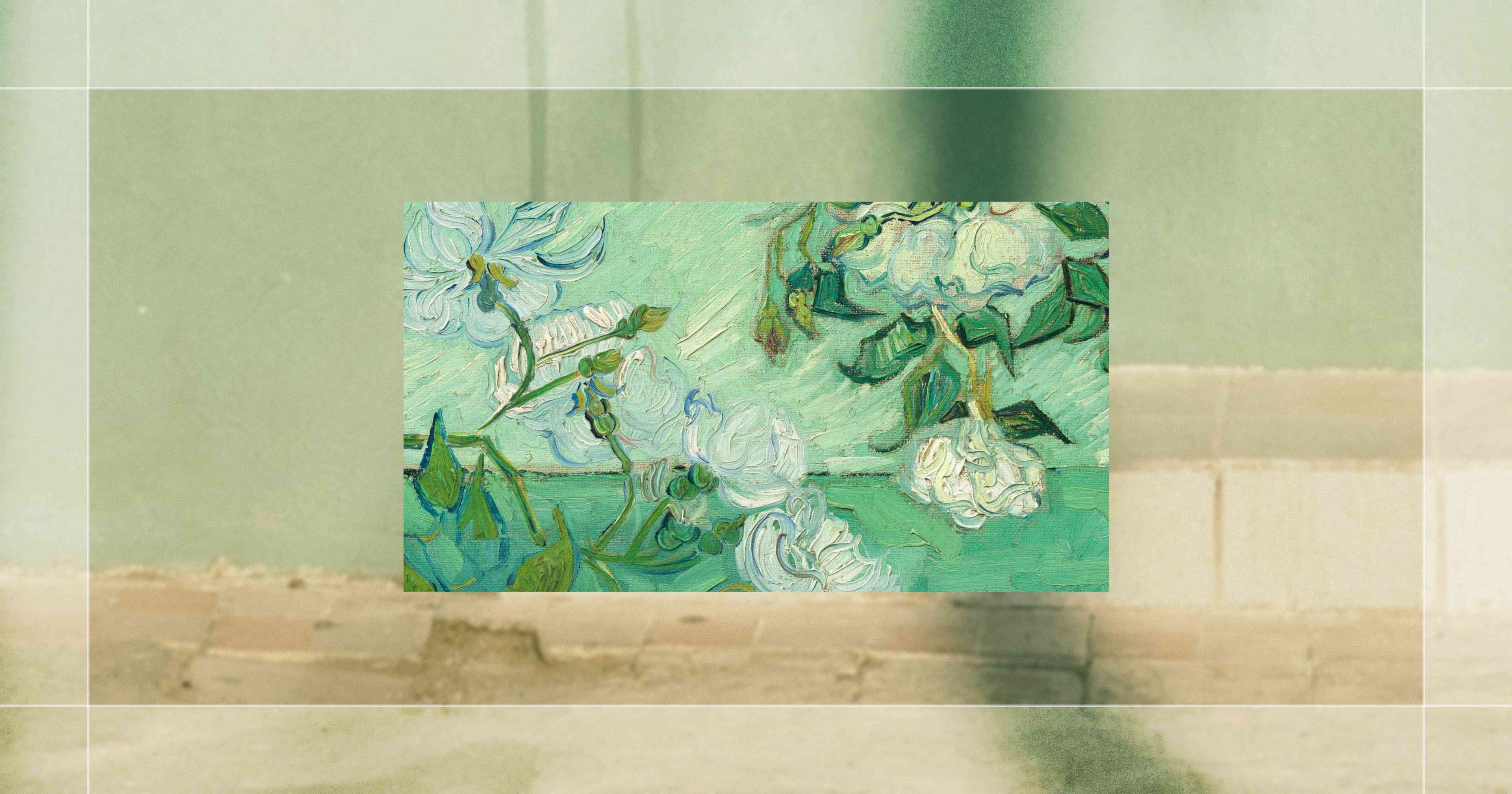 A painting with delicate white flowers and green leaves on a textured, light green background, overlaid on a muted, earthy wall.