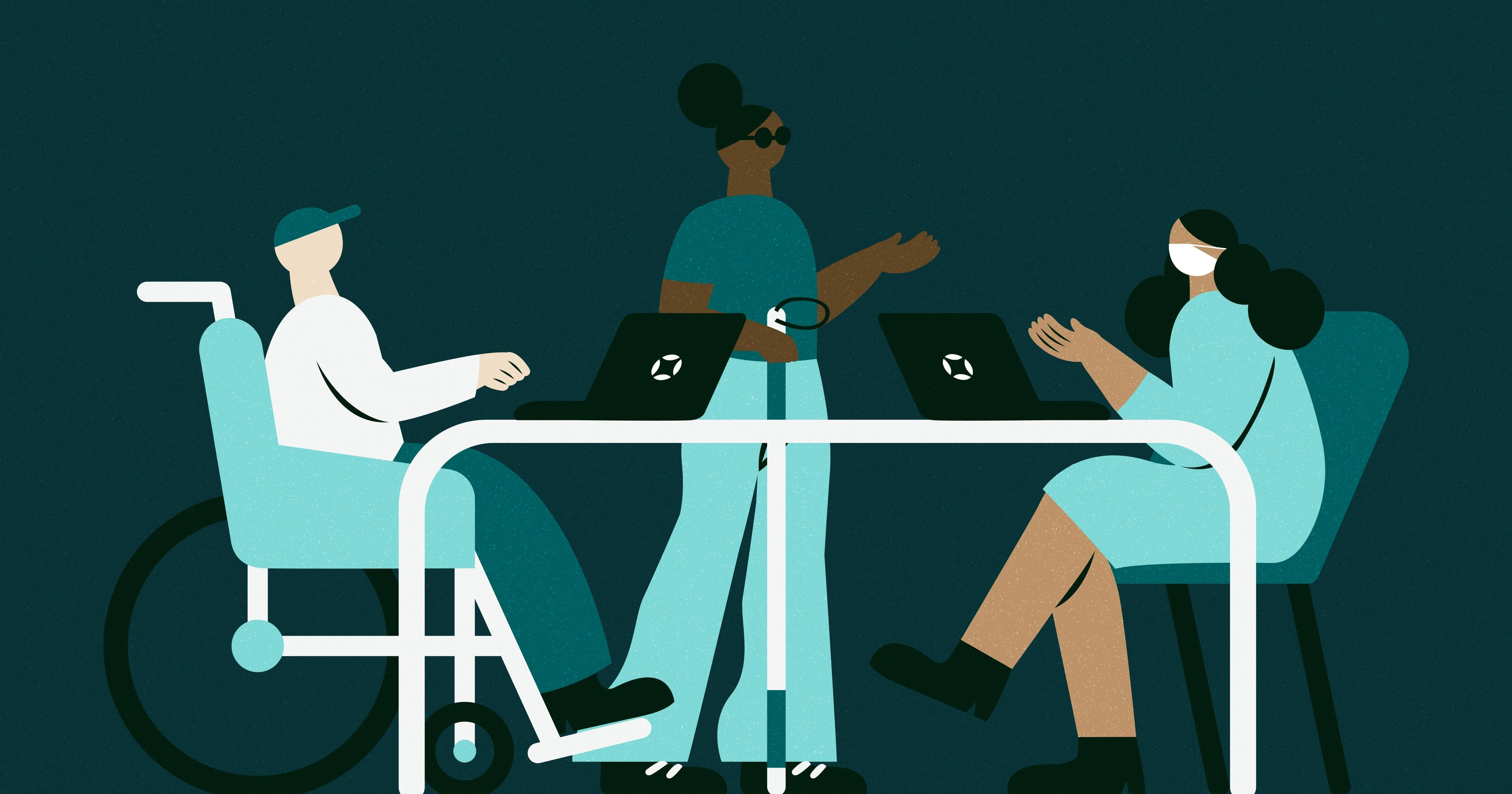 A man in a wheelchair with a laptop sitting at a white table across from a woman wearing a white mask. Another woman wearing sunglasses is standing behind the table and talking to the two individuals.