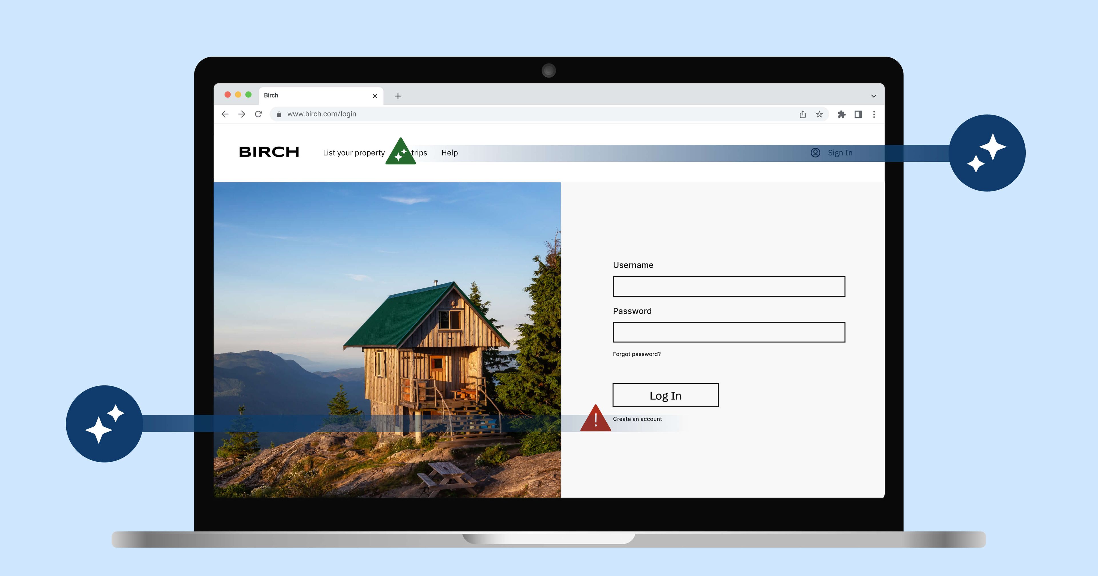 Laptop showing an image of a cabin in the mountains next to a form with a login error.
