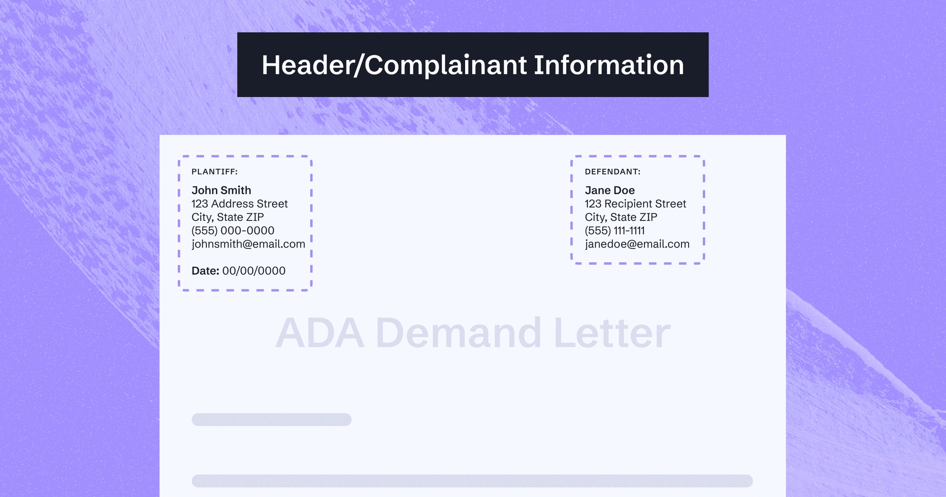 Sample ADA demand letter with text reading: 'Header/Complainant Information' at the top.