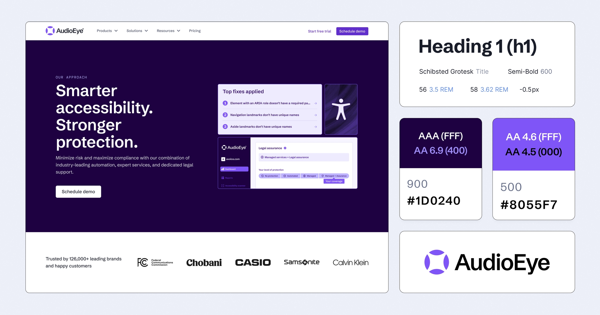 A stylized web browser displaying the AudioEye website rebrand home page. Next to the browser, there are options for headings, colors, and the AudioEye logo.