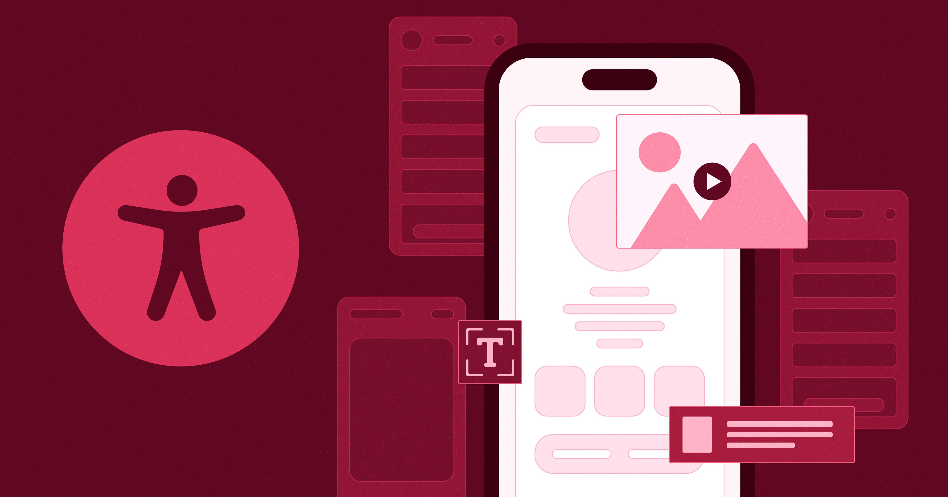 Stylised web browser on a mobile phone with various design icons surrounding it. The accessibility symbol is to the left of the phone.