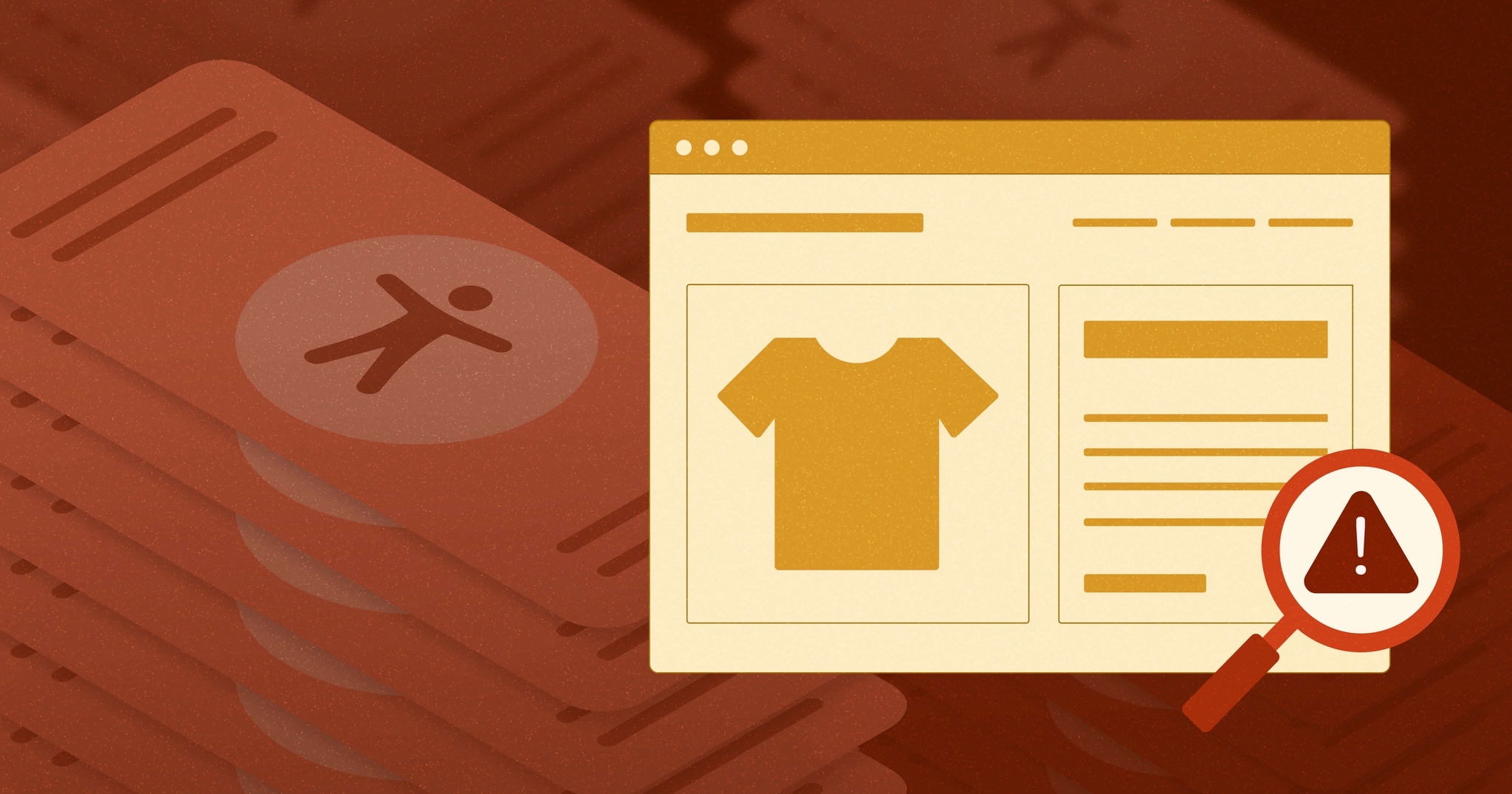 Illustration of a webpage with a shirt icon and warning symbol, overlaid on accessibility icons in the background.
