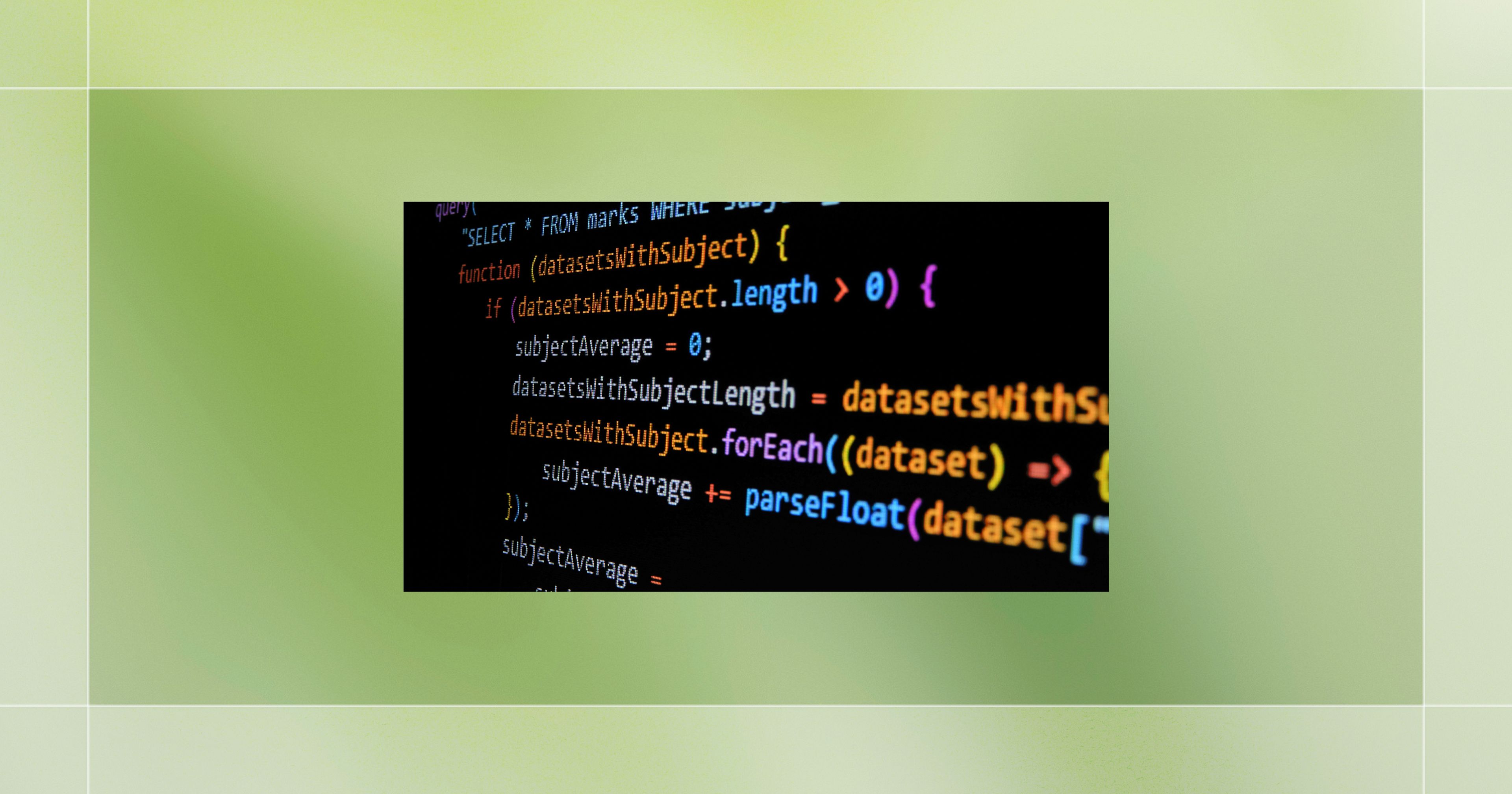 Close-up of colorful JavaScript code with functions and loops displayed on a black screen, set against a blurred green background.