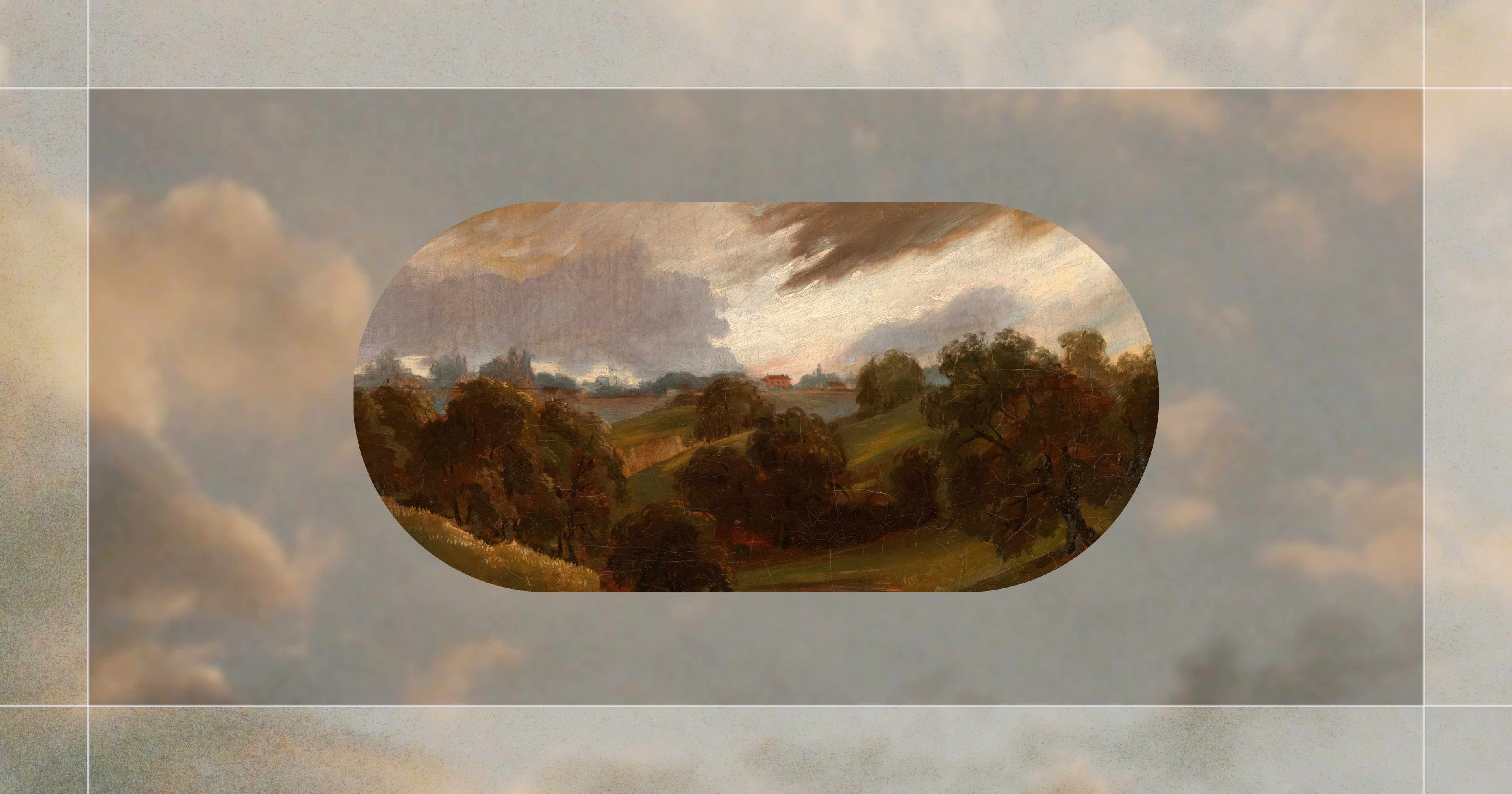 A circular landscape painting with rolling hills, trees, a cloudy sky, and a distant building, set against a blurred, cloudy background.