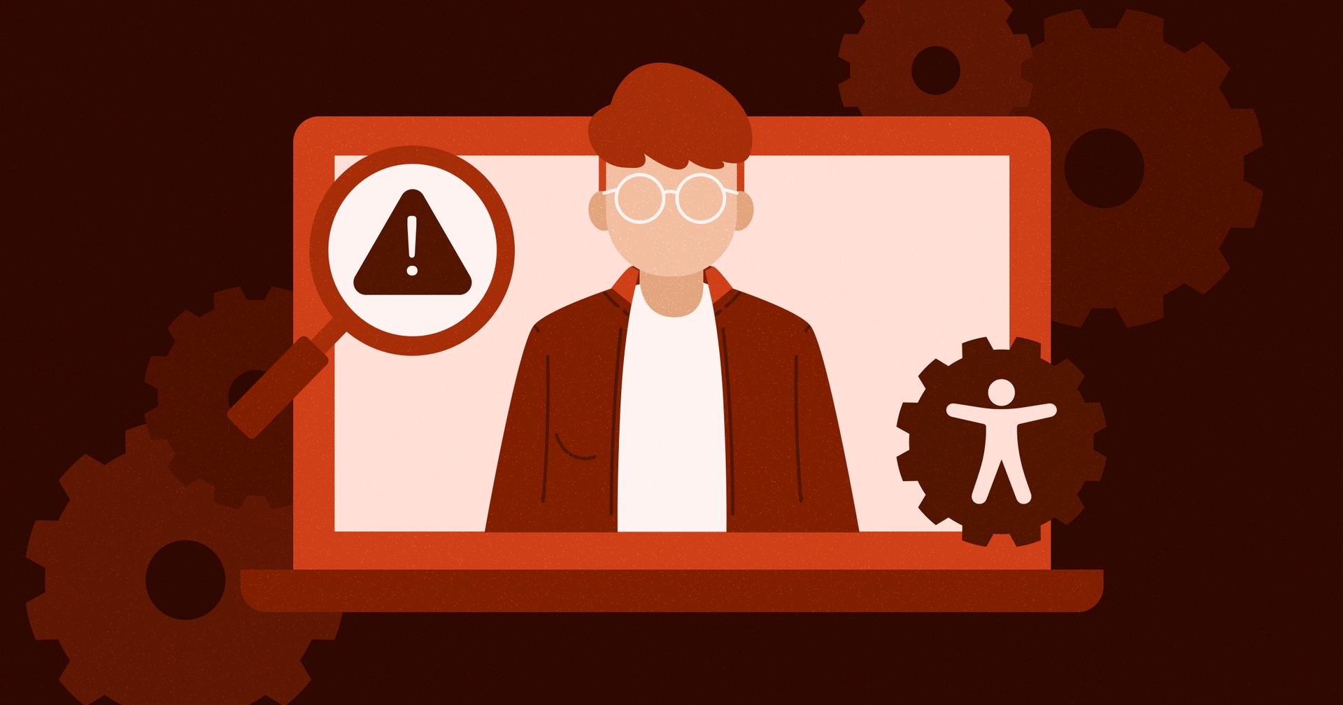 Open laptop showing a man wearing glasses; a magnifying glass over an error icon is in the upper left-hand corner and a gear shaft with the accessibility symbol is in the bottom right-hand corner.