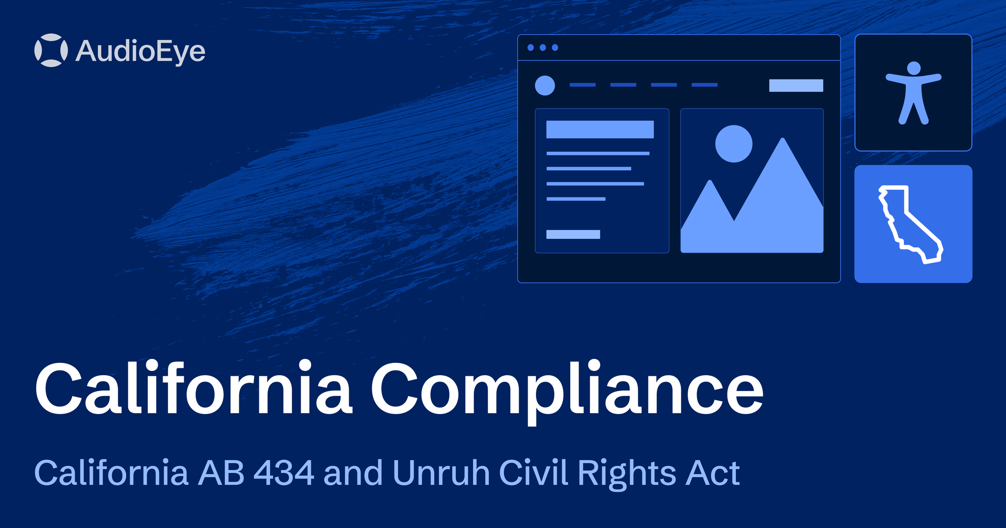 California Compliance including California AB 434 and Unruh Civil Rights Act featuring blue icons representing web accessibility and California.