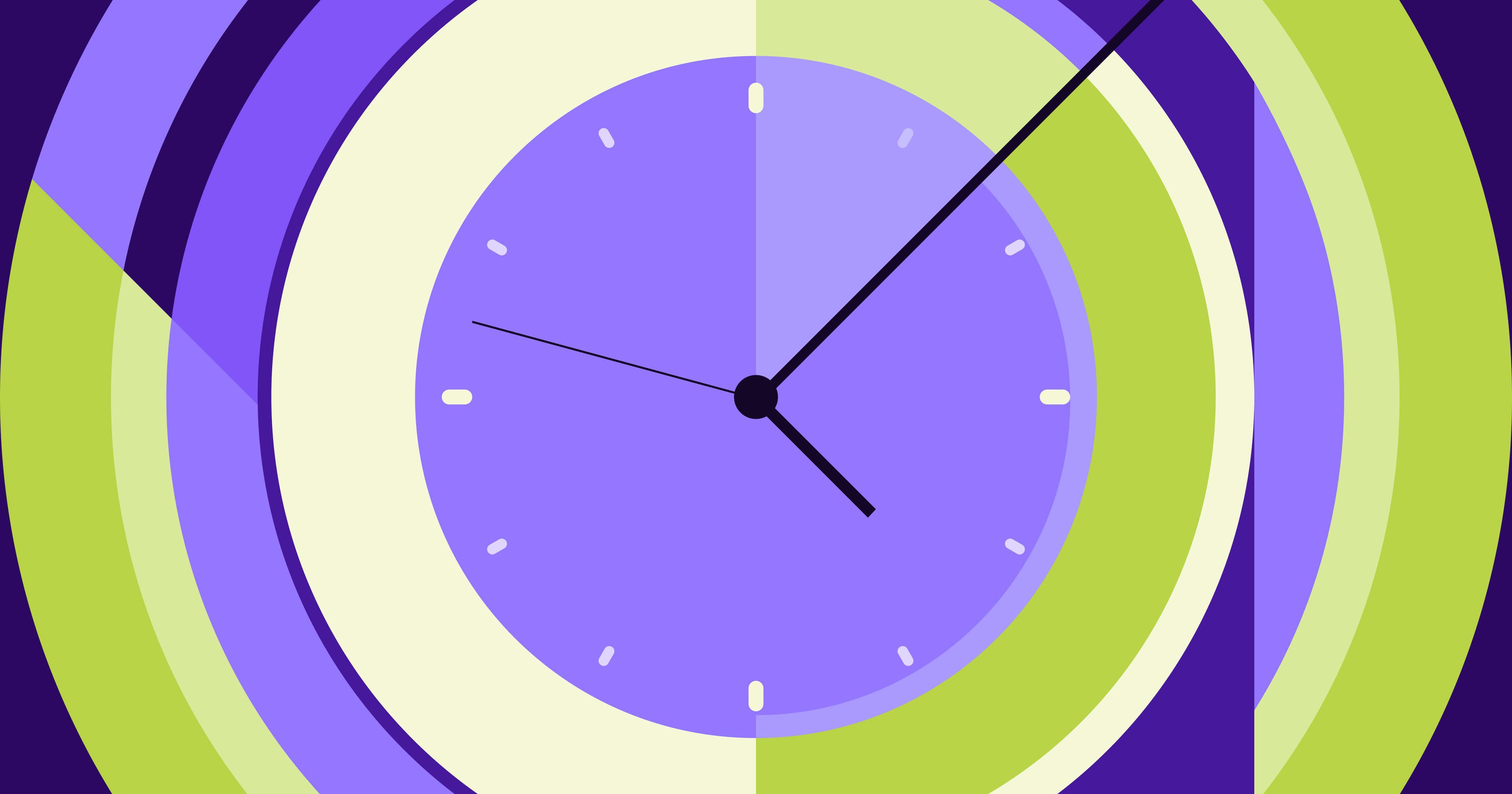 Clock in various shades of green and purple.