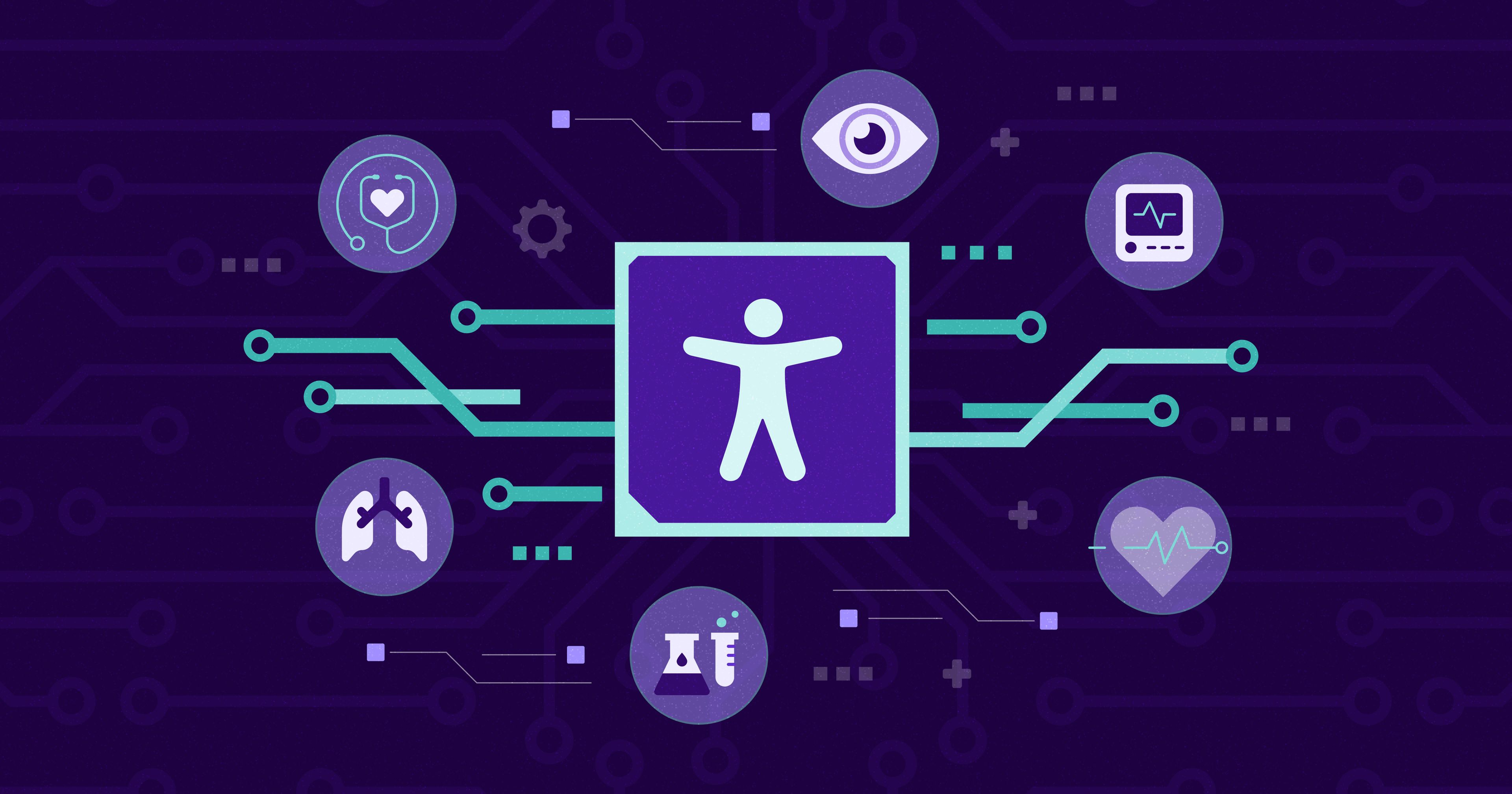 Accessibility symbol set inside a square box with various healthcare icons surrounding it against a dark purple background.