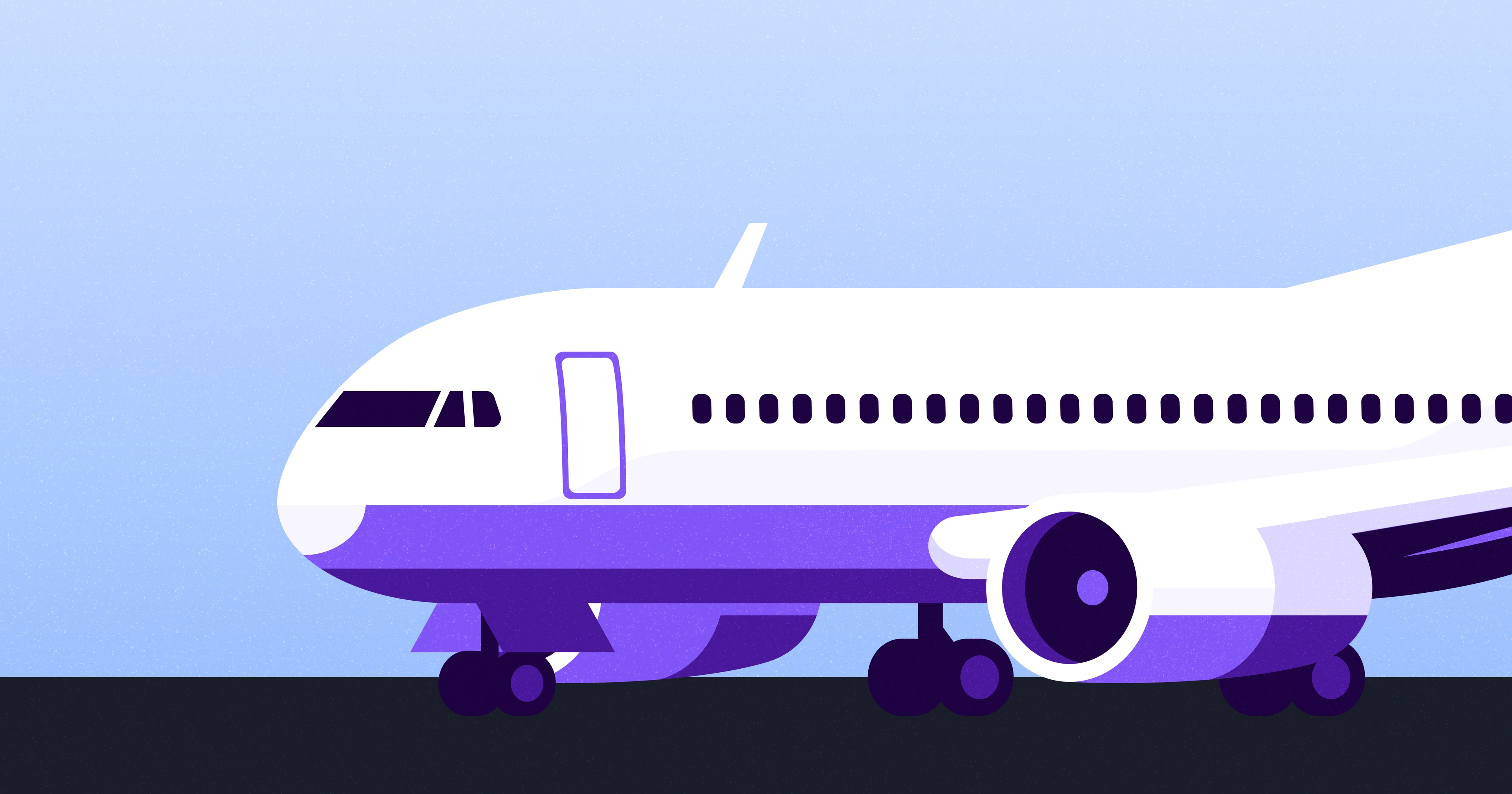 Illustration of a white and purple airplane on a runway, featuring a prominent front view with visible engines and landing gear.