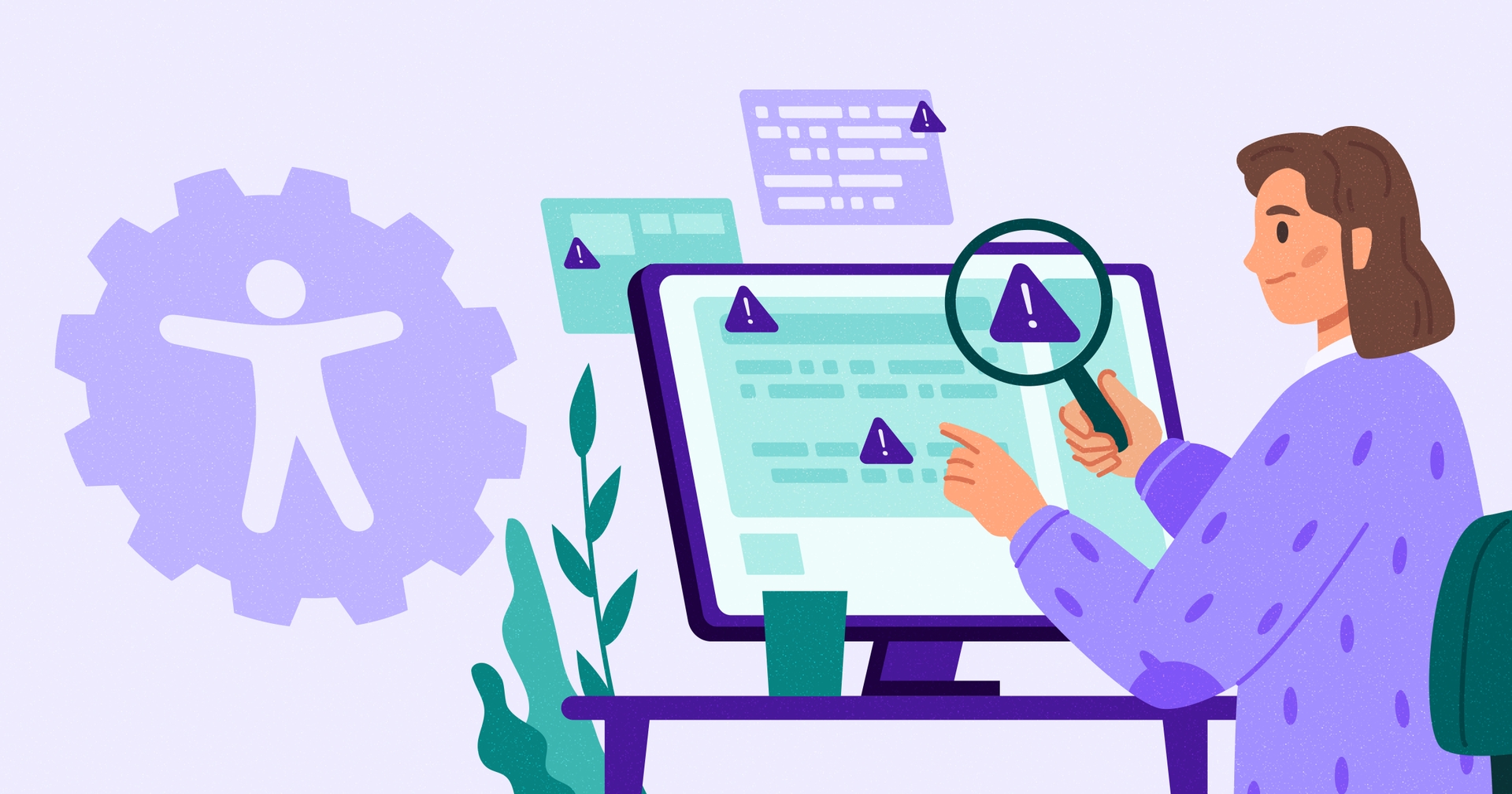 Woman sitting in front of a computer screen showing a website with various errors on it holding a magnifying glass. A gear shaft with the accessibility symbol is to the left of the computer.