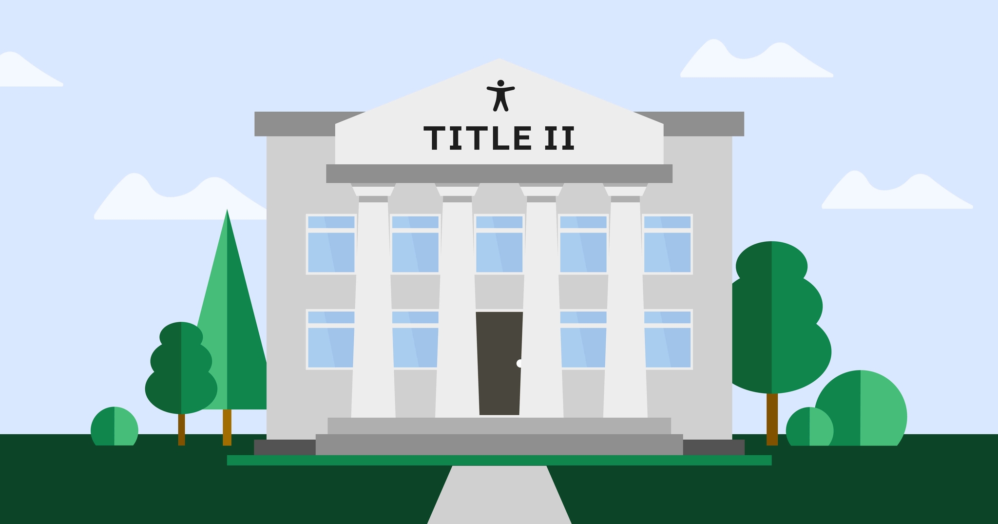 Government building surrounded by trees with 'Title II' on the rooftop against a blue sky.